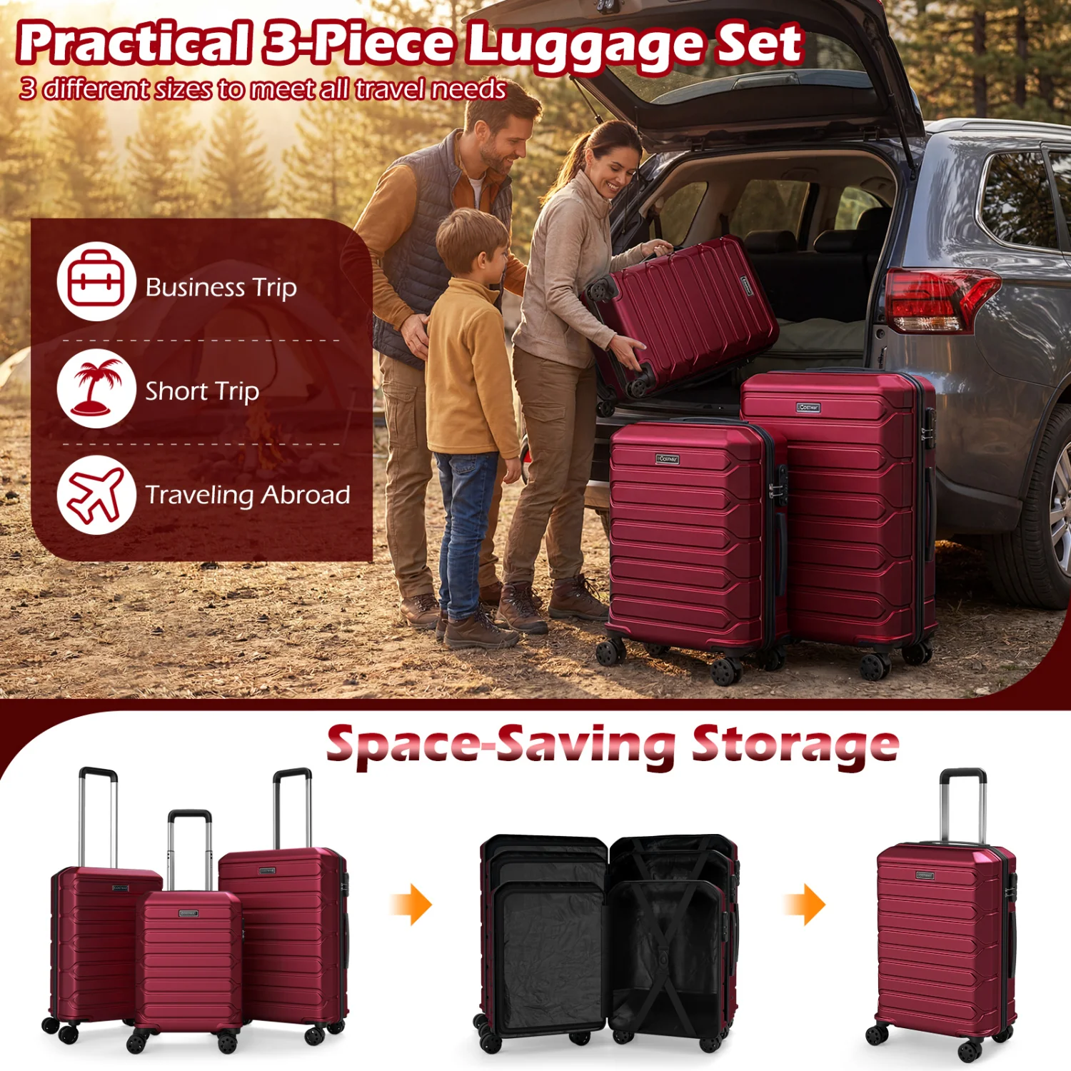 3-Piece Hardside Luggage Set Lightweight Hardside Suitcases with 8-Spinner Wheels, Red - Image 7