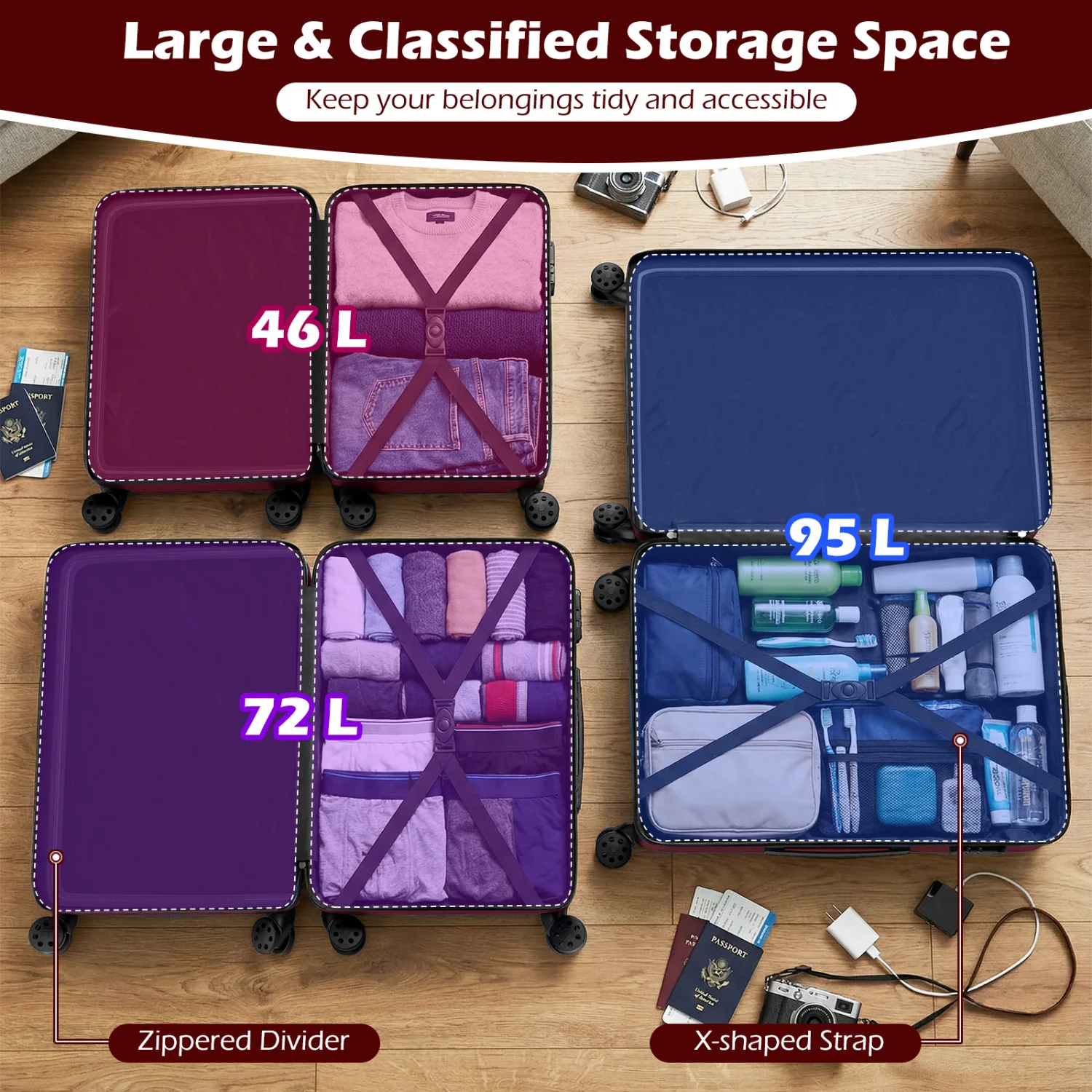 3-Piece Hardside Luggage Set Lightweight Hardside Suitcases with 8-Spinner Wheels, Red - Image 9