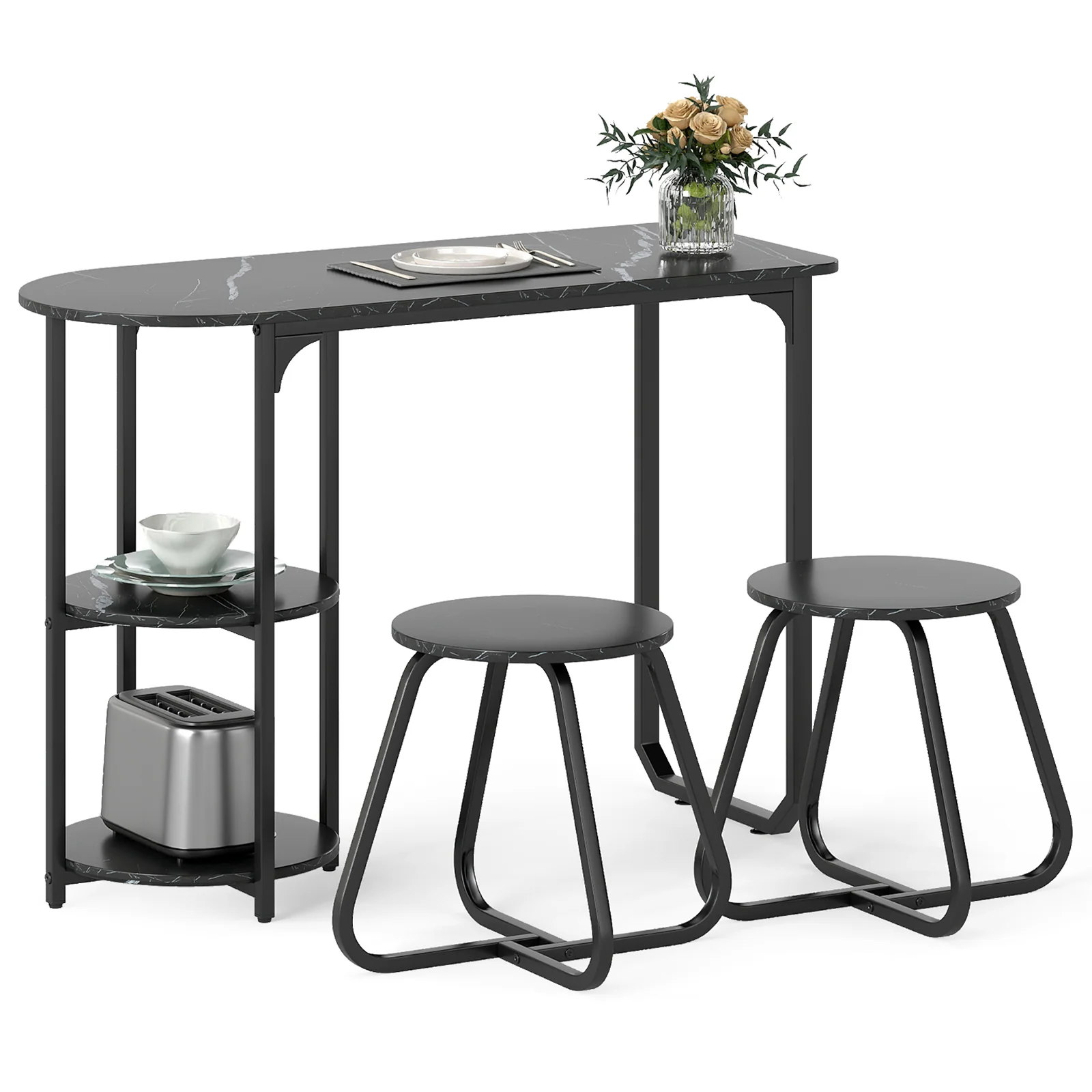 3-Piece Industrial Dining Table Set for Small Space, Black