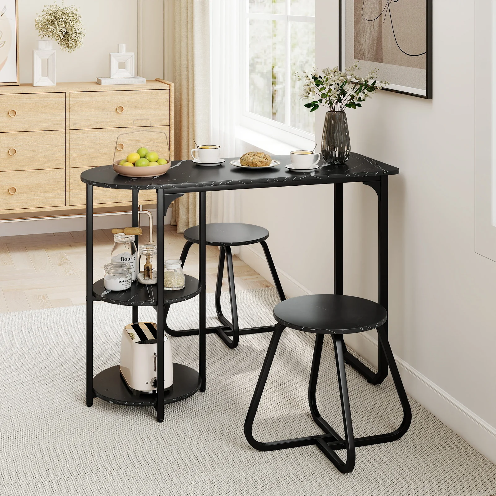 3-Piece Industrial Dining Table Set for Small Space, Black - Image 2