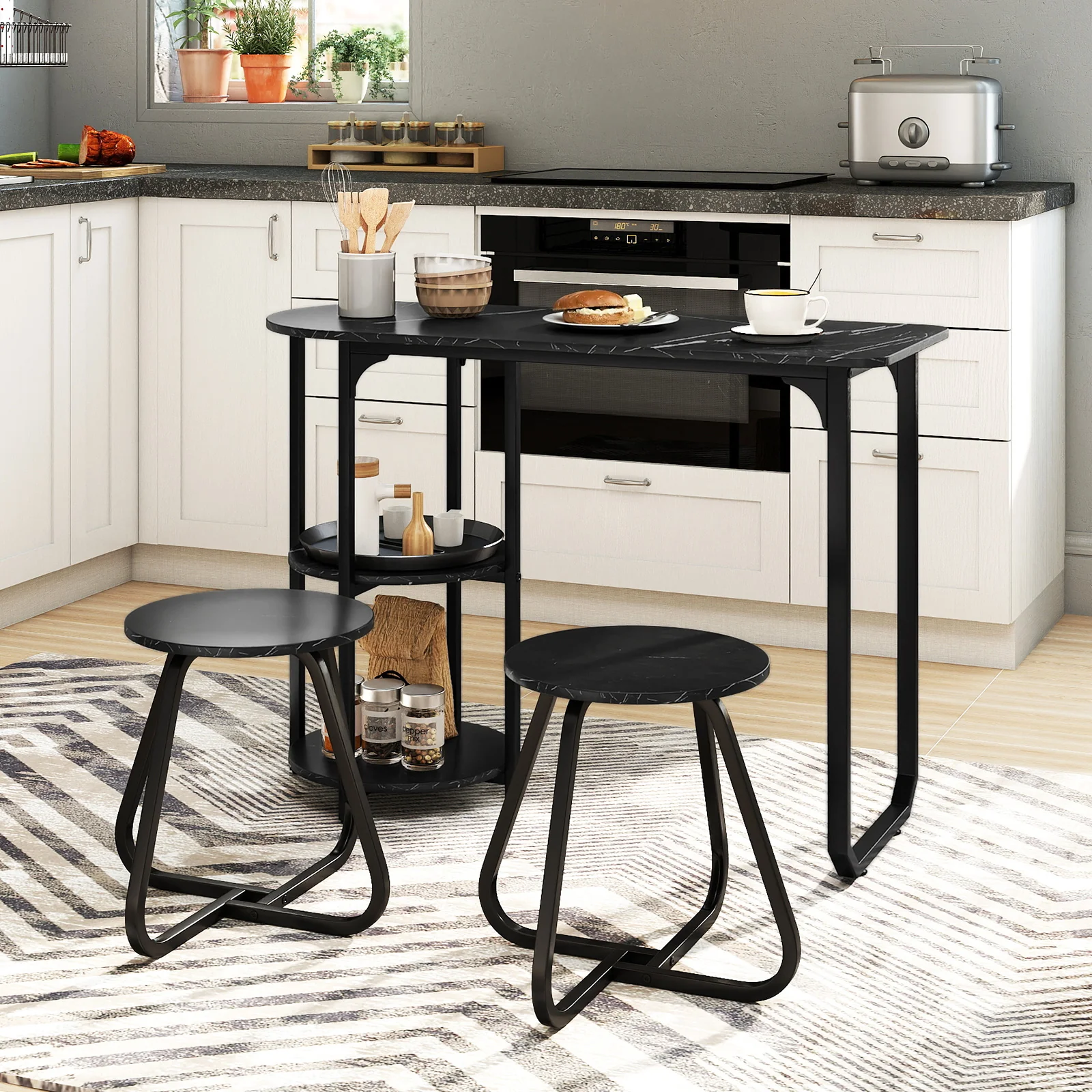 3-Piece Industrial Dining Table Set for Small Space, Black - Image 3