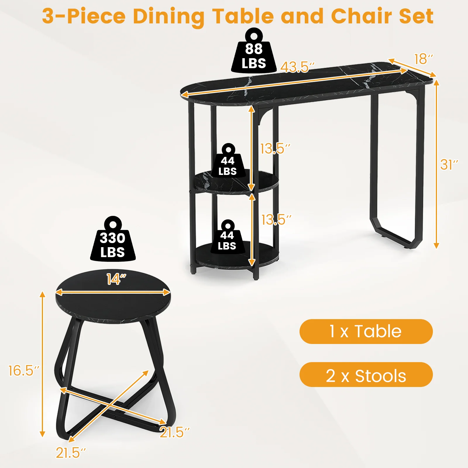 3-Piece Industrial Dining Table Set for Small Space, Black - Image 6
