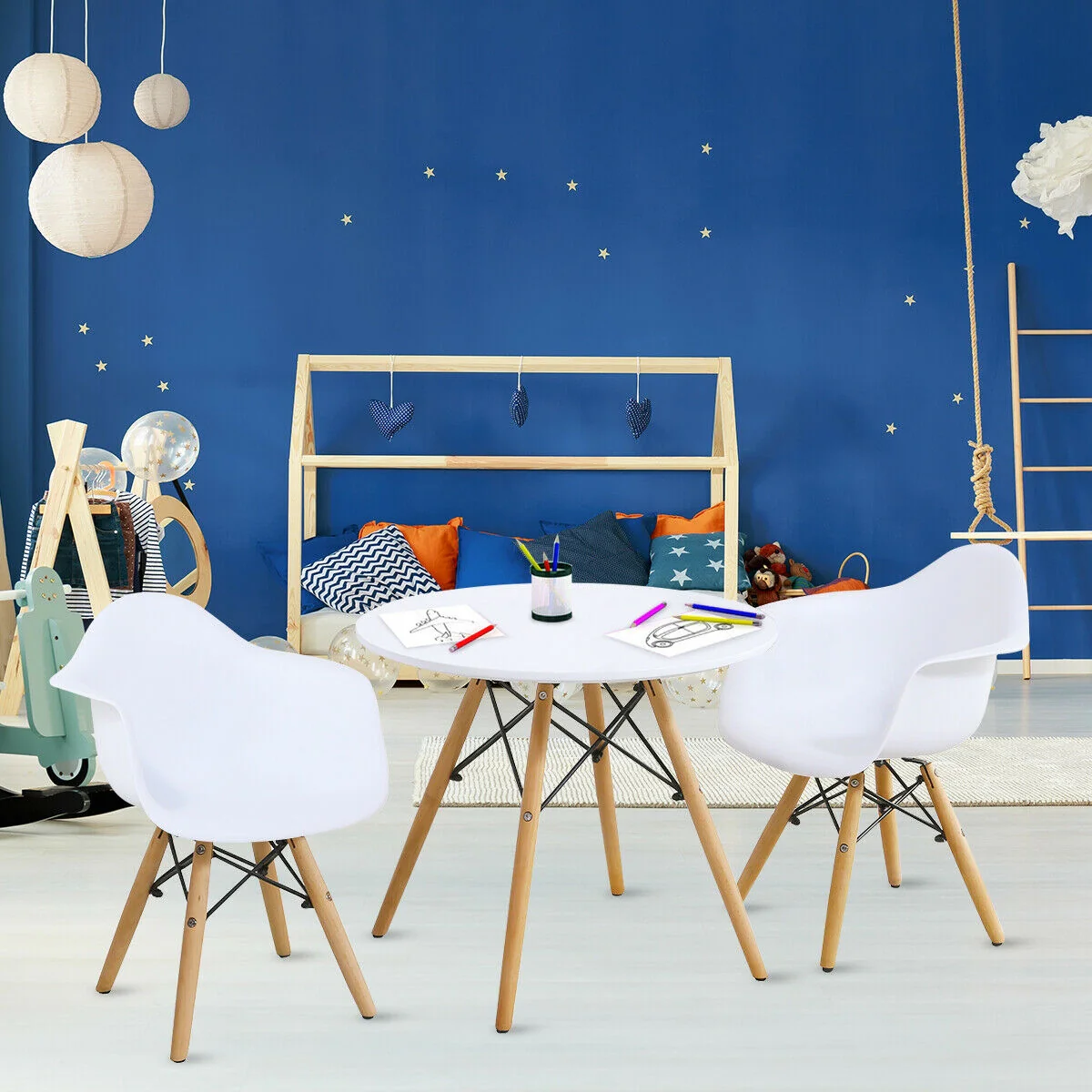 3 Piece Kids Modern Round Table Chair Set, White - Image 2