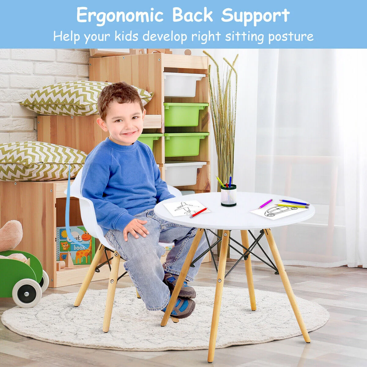 3 Piece Kids Modern Round Table Chair Set, White - Image 4