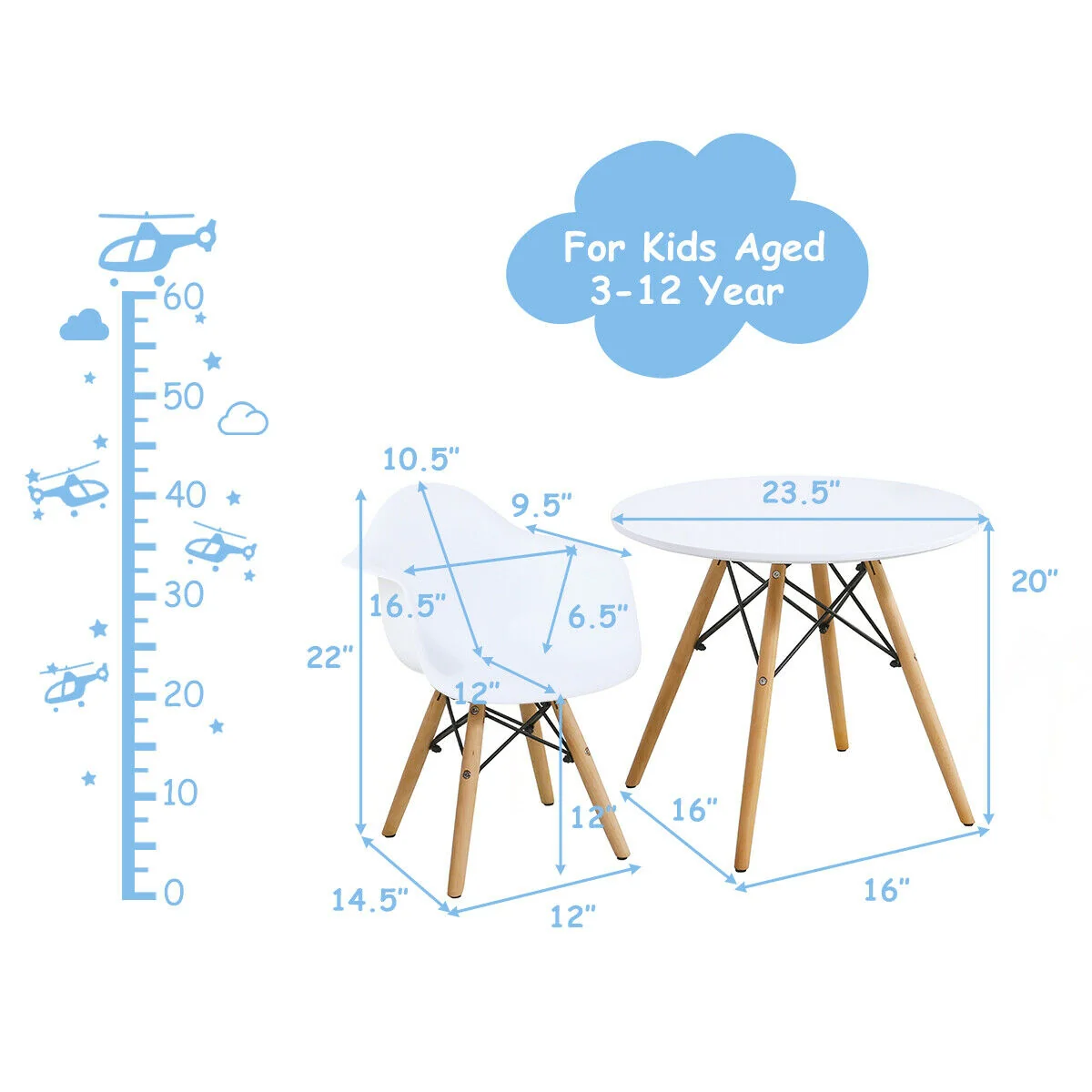 3 Piece Kids Modern Round Table Chair Set, White - Image 5