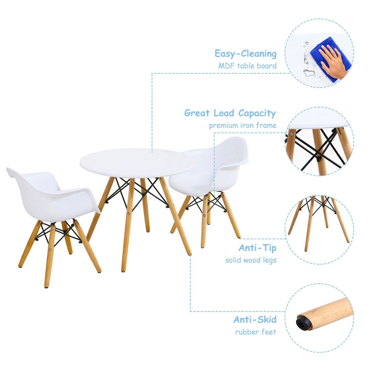 3 Piece Kids Modern Round Table Chair Set, White - Image 6