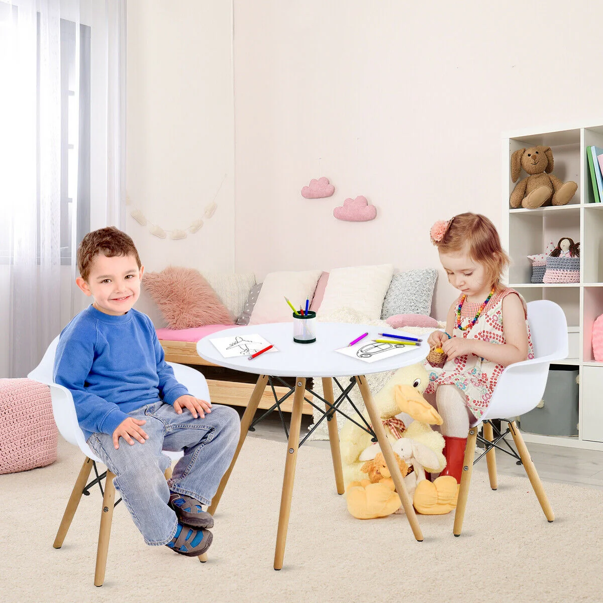 3 Piece Kids Modern Round Table Chair Set, White - Image 7