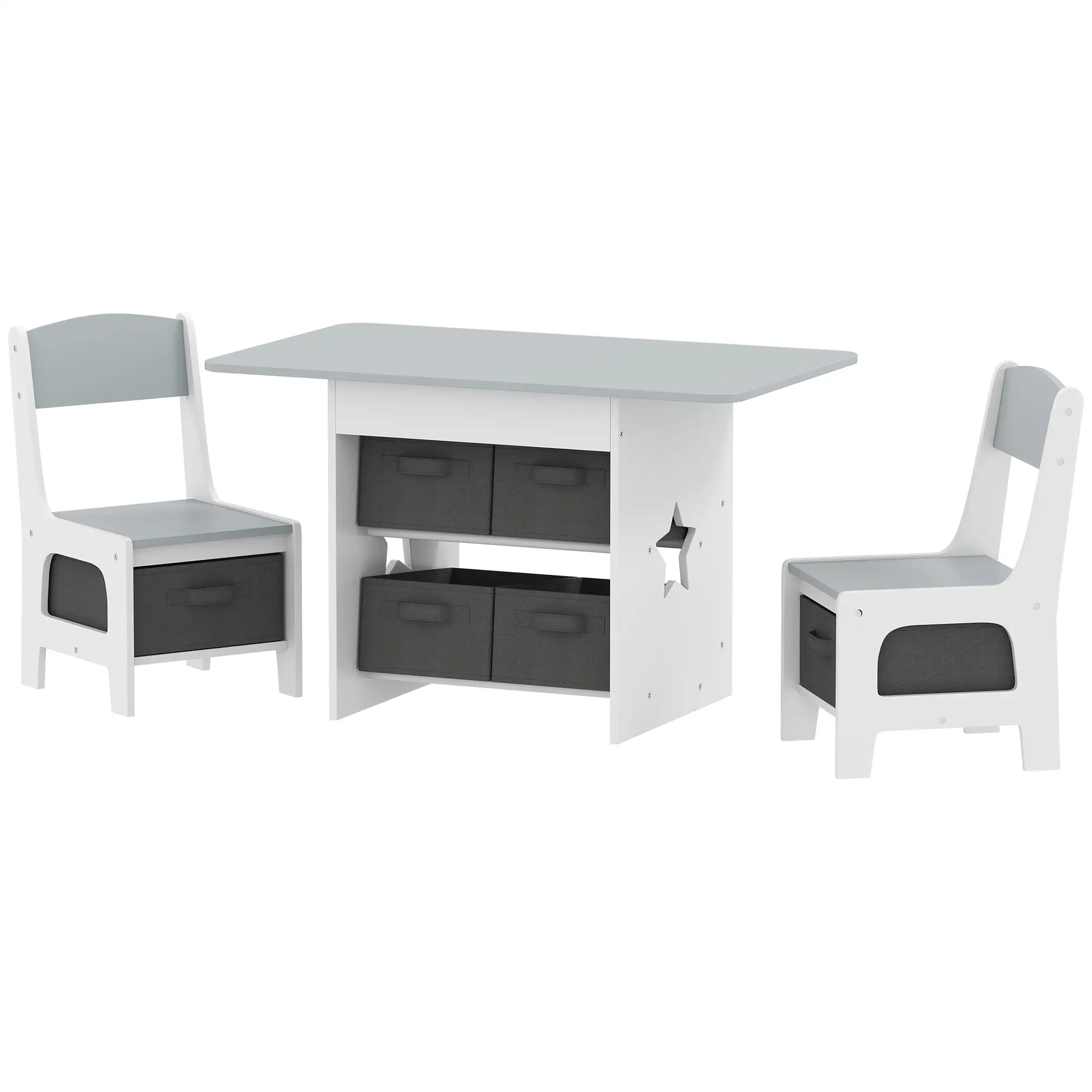 3 Piece Kids Table and Chair Set, 6 Removable Drawers, Light Grey