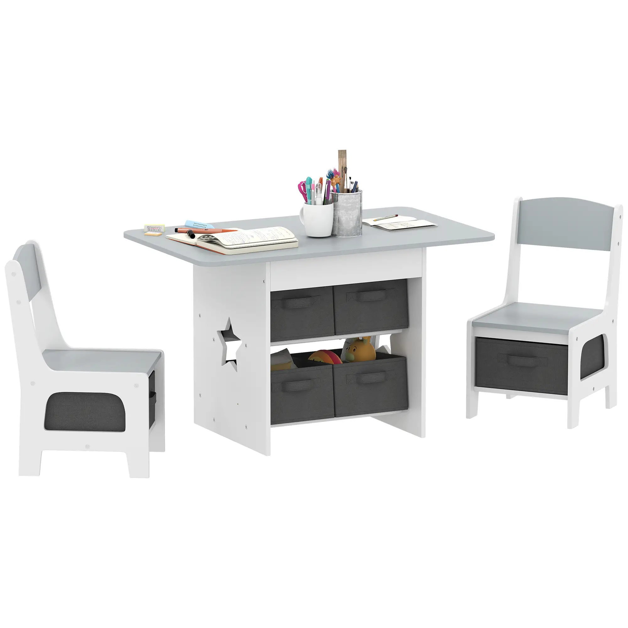 3 Piece Kids Table and Chair Set, 6 Removable Drawers, Light Grey - Image 11