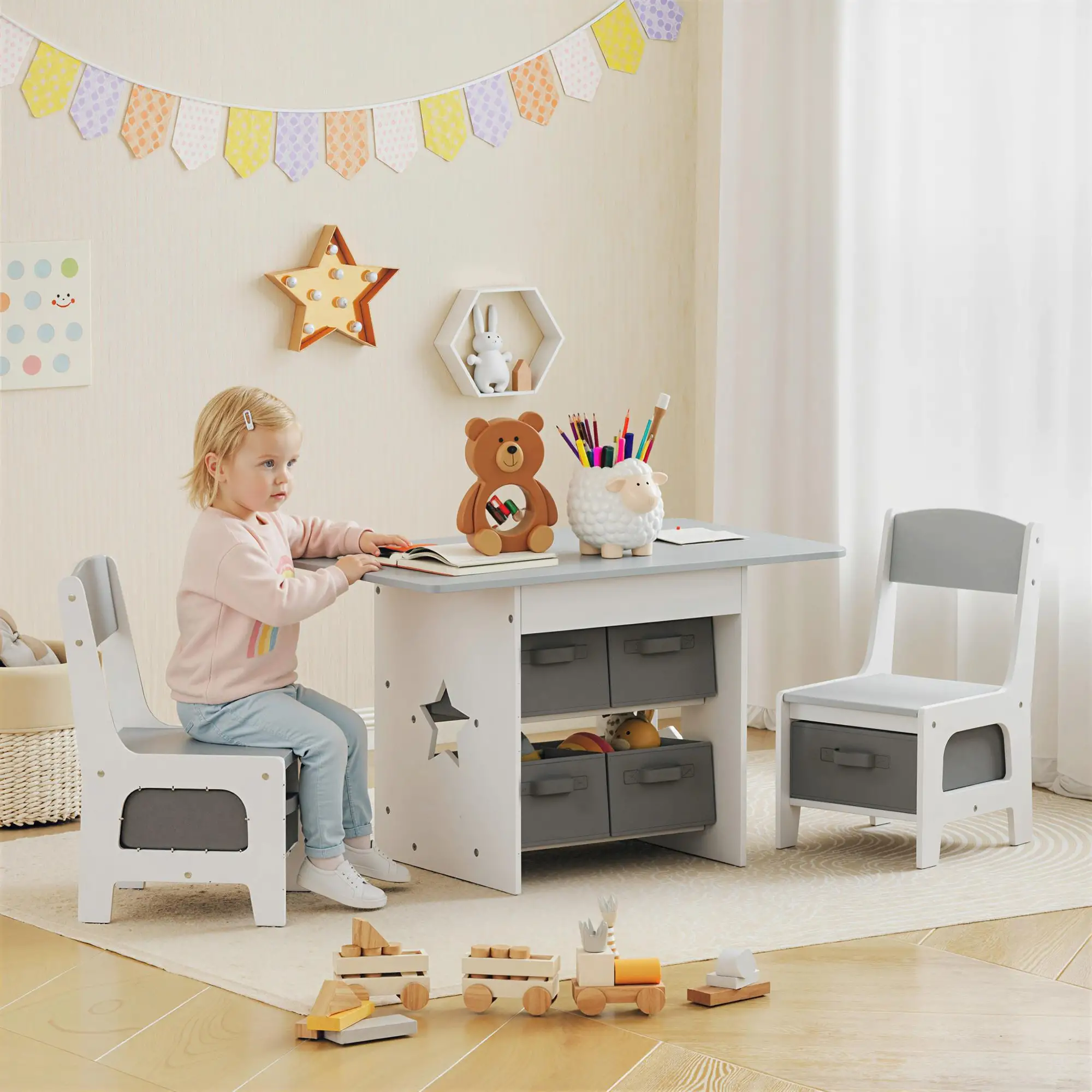 3 Piece Kids Table and Chair Set, 6 Removable Drawers, Light Grey - Image 2