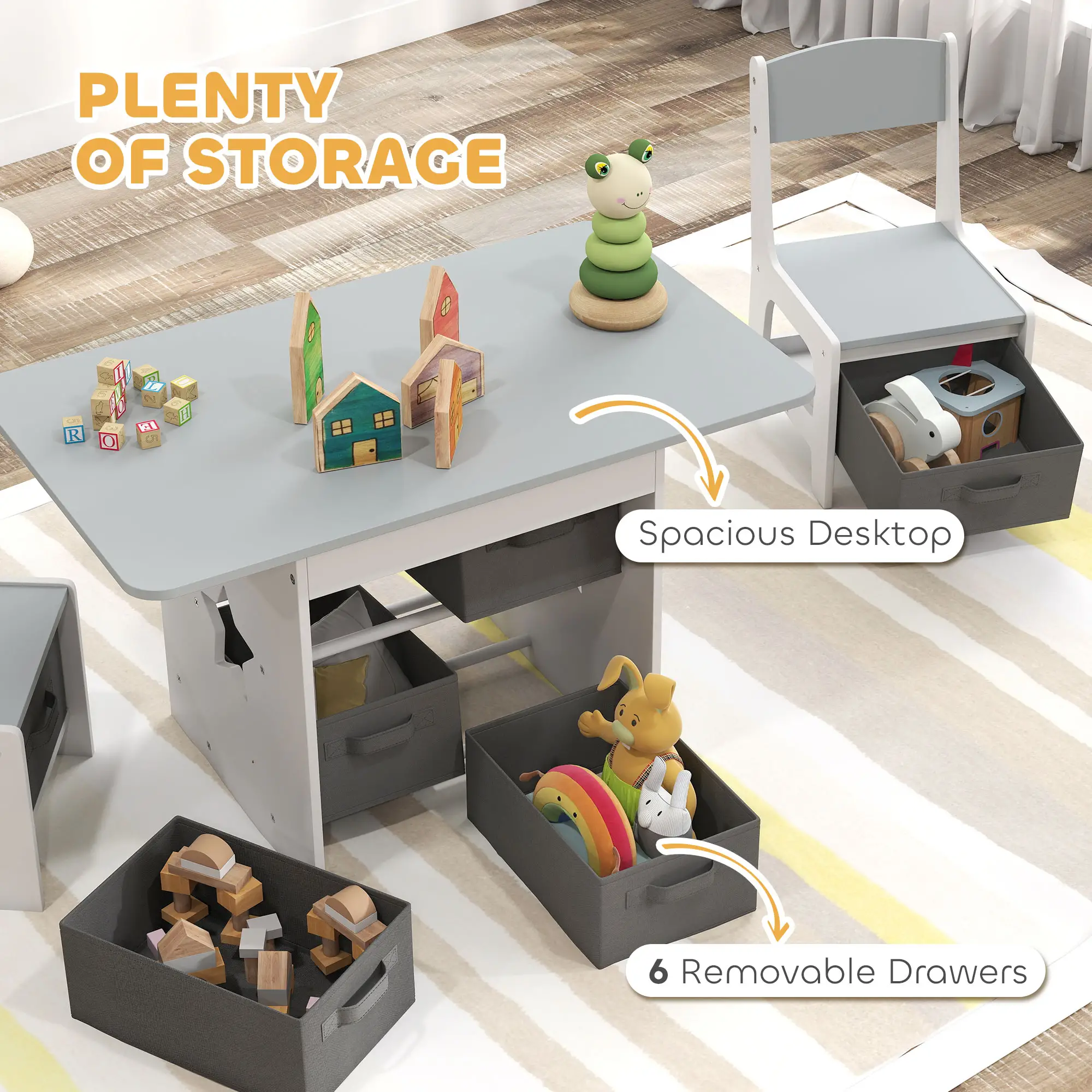 3 Piece Kids Table and Chair Set, 6 Removable Drawers, Light Grey - Image 5