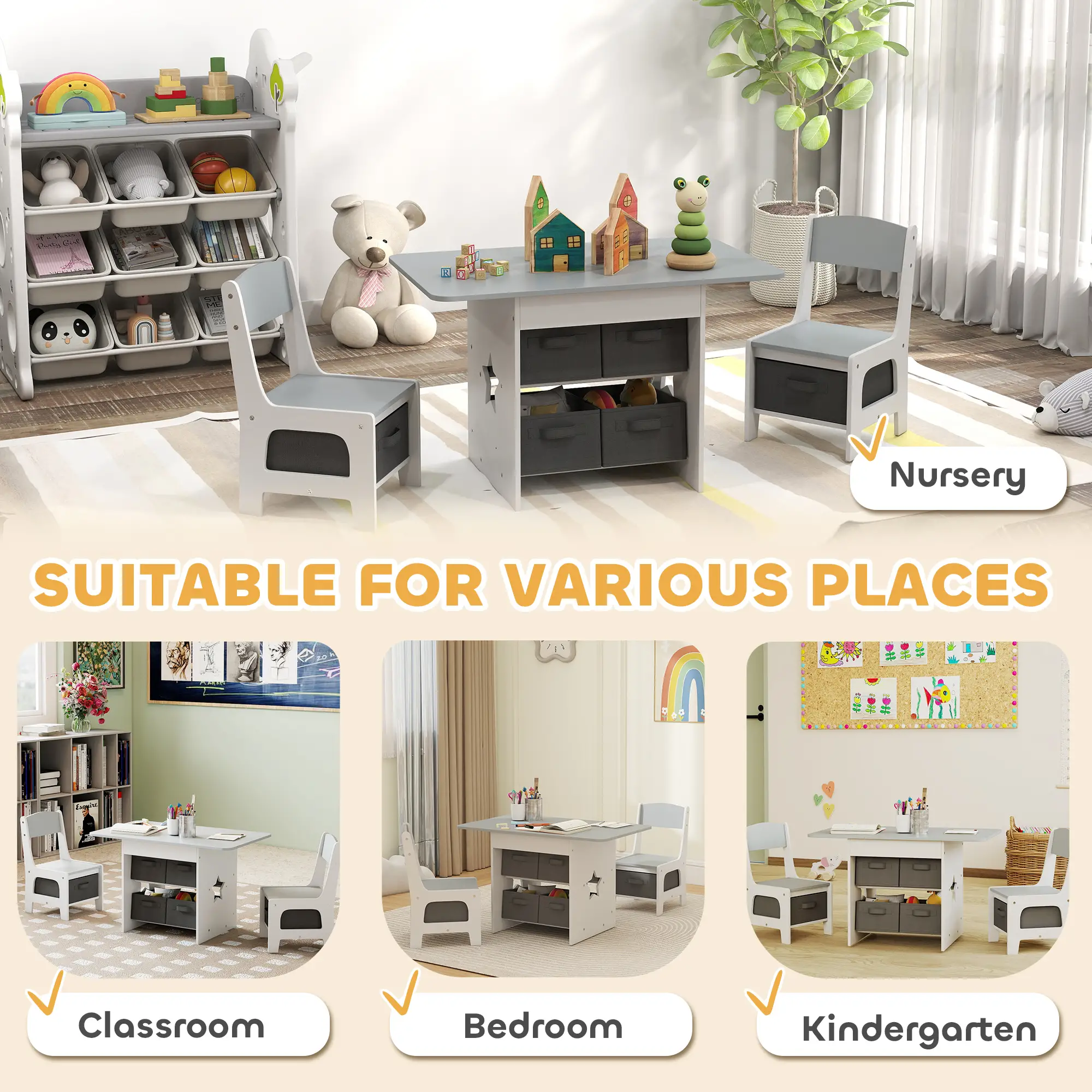 3 Piece Kids Table and Chair Set, 6 Removable Drawers, Light Grey - Image 7