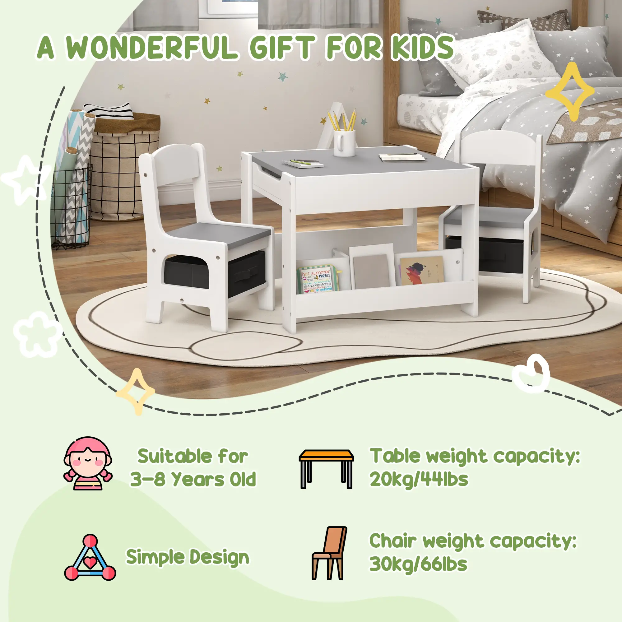 3 Piece Kids Table and Chair Set, Reversible Tabletop, Blackboard, Storage, Grey - Image 5