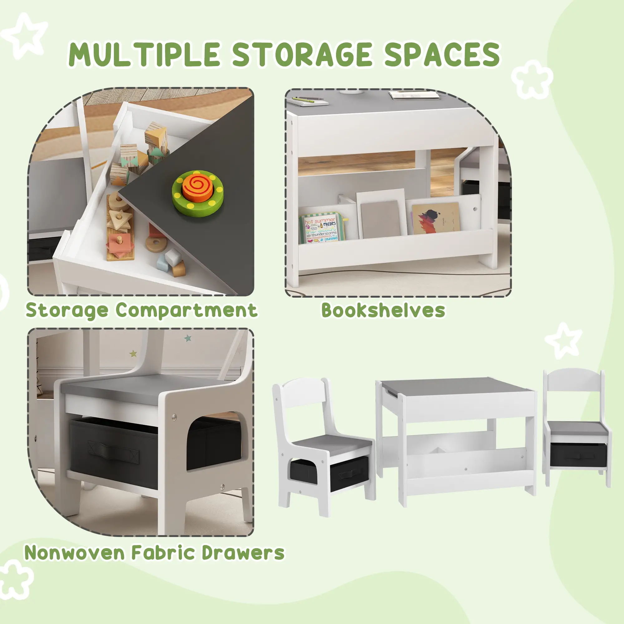 3 Piece Kids Table and Chair Set, Reversible Tabletop, Blackboard, Storage, Grey - Image 6
