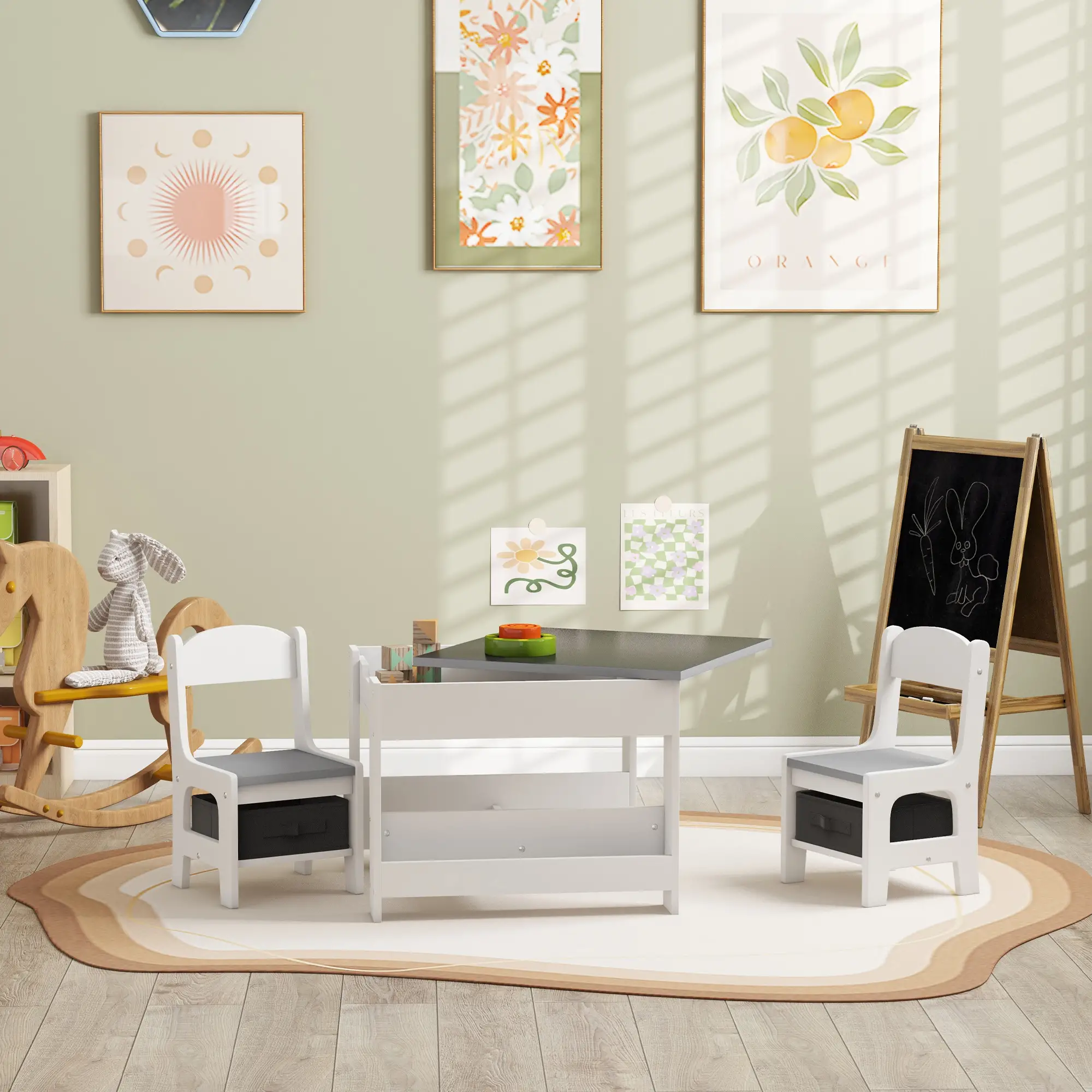 3 Piece Kids Table and Chair Set, Reversible Tabletop, Blackboard, Storage, Grey - Image 8