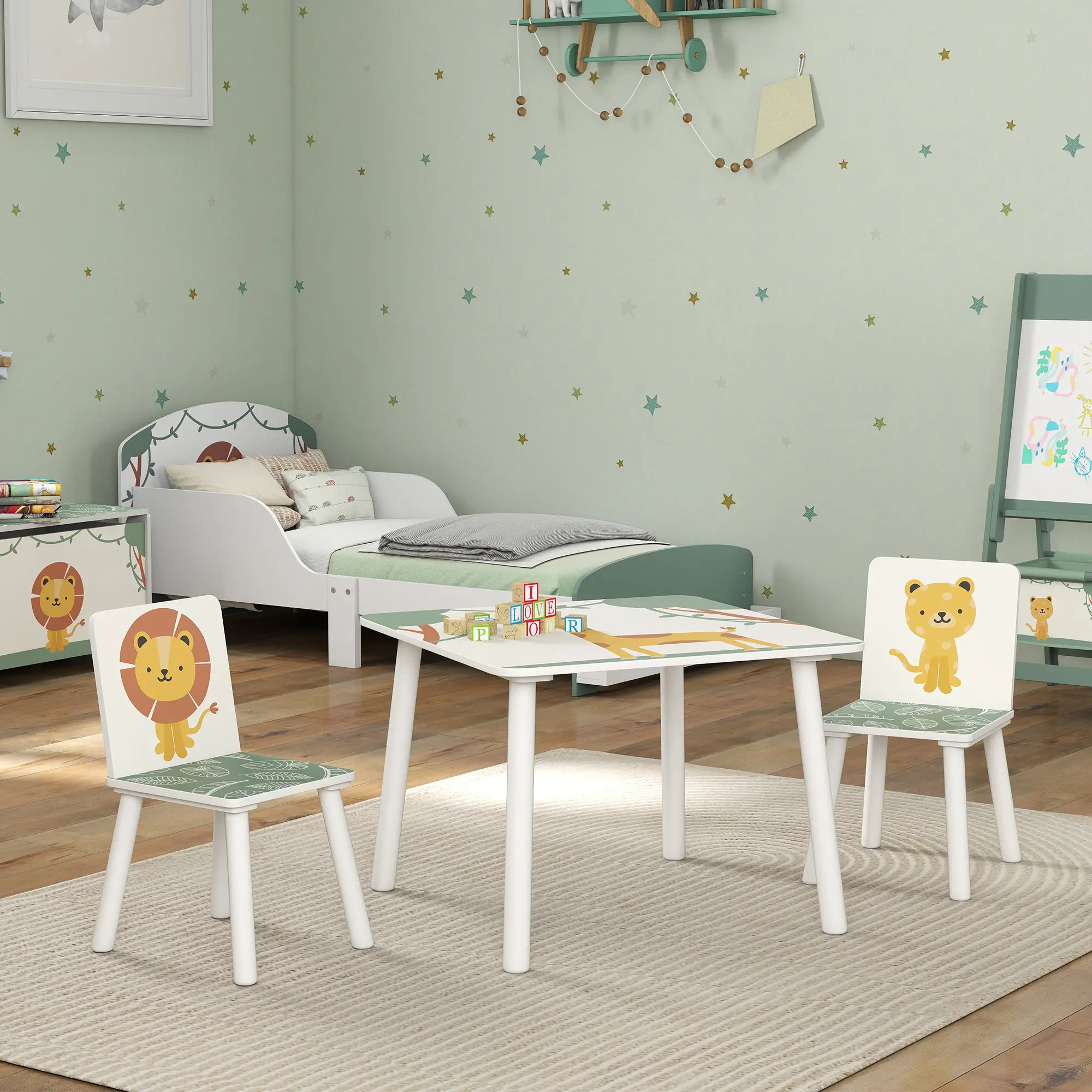 3-Piece Kids Table Chair Set Animal Pattern, Aged 3-8, Green - Image 10