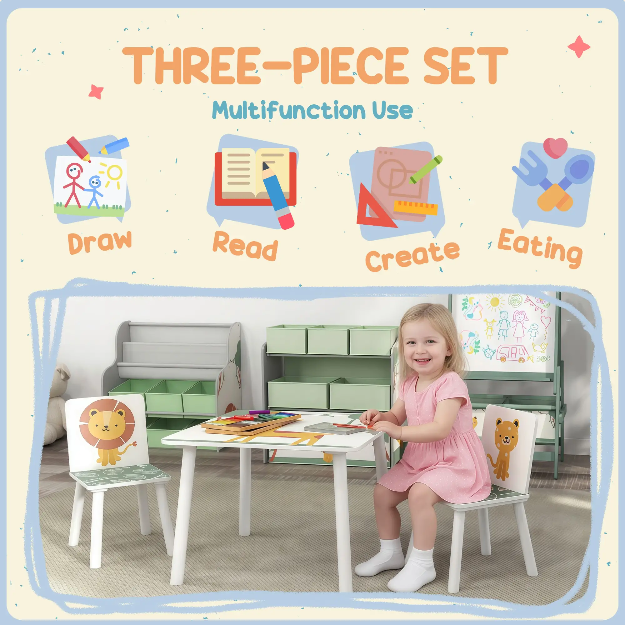 3-Piece Kids Table Chair Set Animal Pattern, Aged 3-8, Green - Image 4