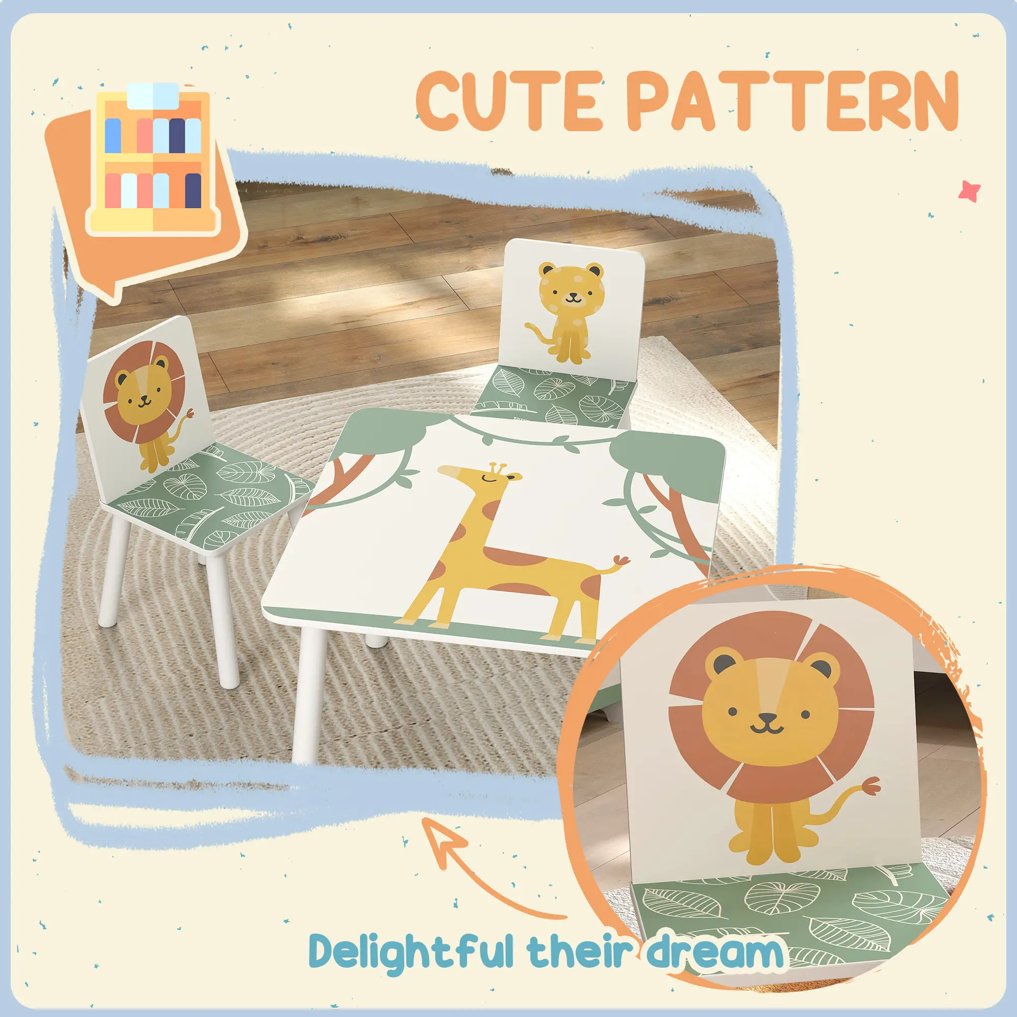 3-Piece Kids Table Chair Set Animal Pattern, Aged 3-8, Green - Image 5