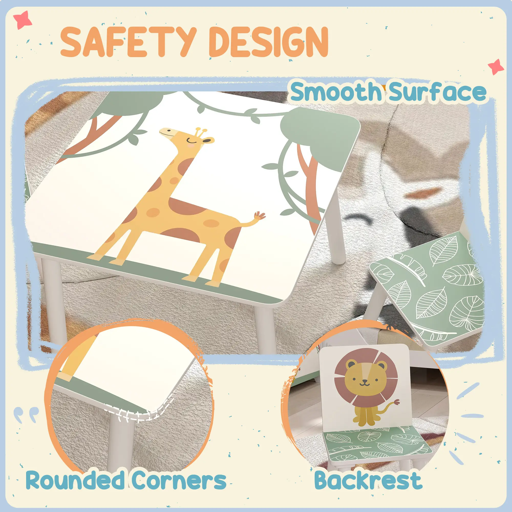 3-Piece Kids Table Chair Set Animal Pattern, Aged 3-8, Green - Image 6