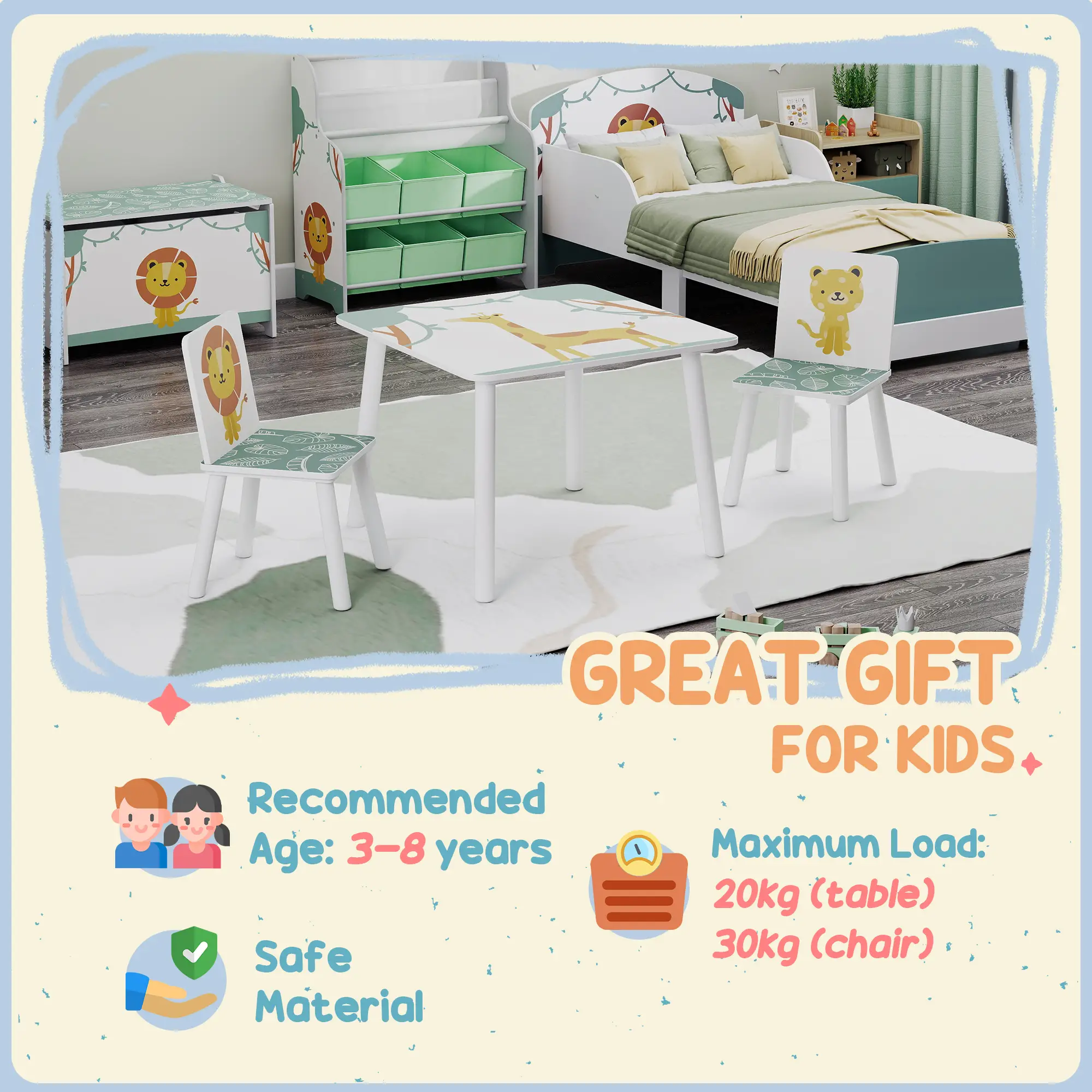 3-Piece Kids Table Chair Set Animal Pattern, Aged 3-8, Green - Image 7