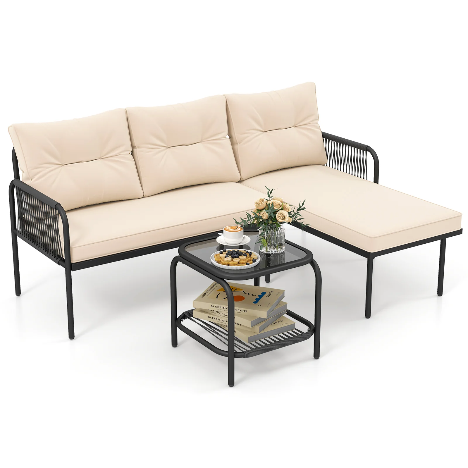 3-Piece L-Shaped Patio Furniture Set, PE Rattan Sectional Sofas, Beige