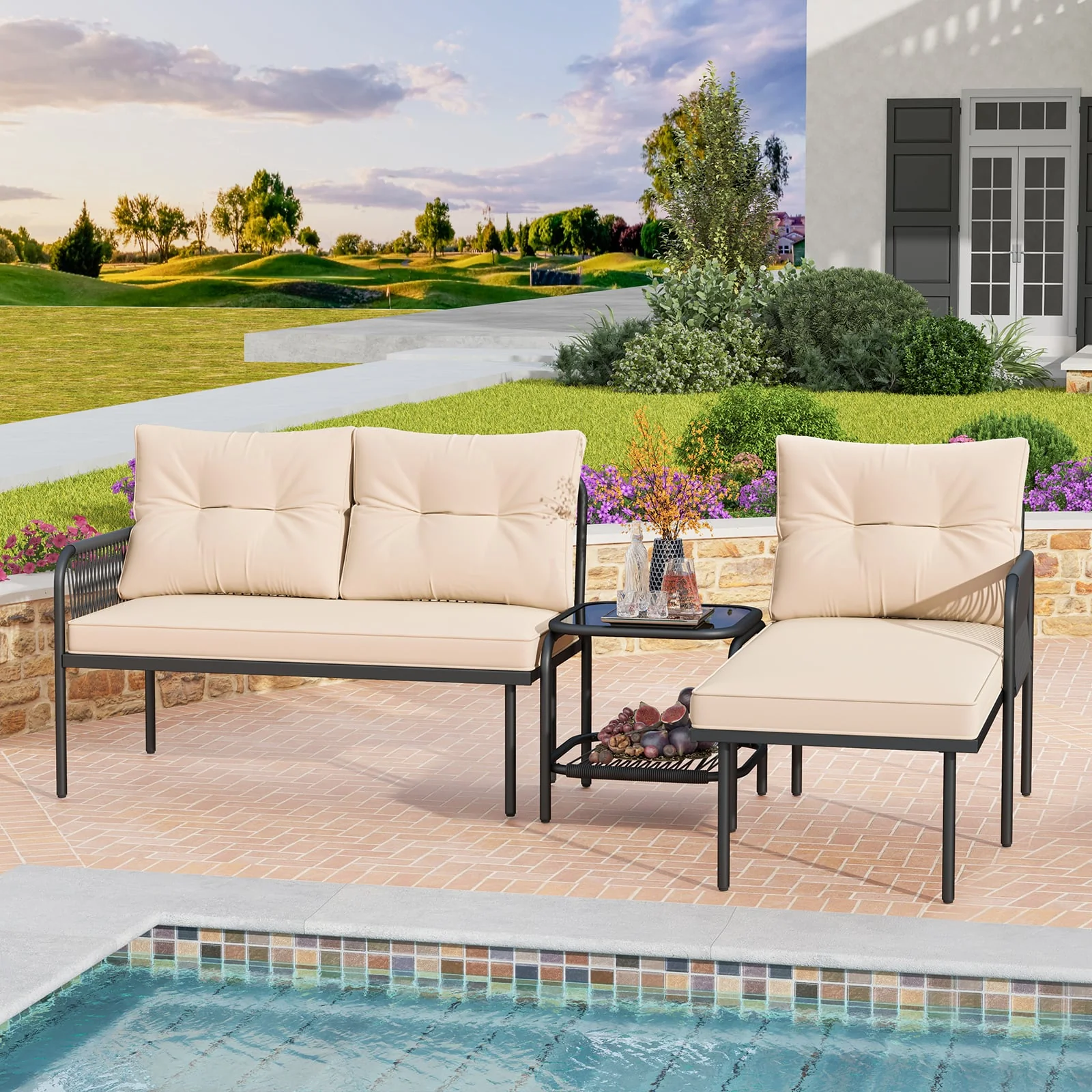 3-Piece L-Shaped Patio Furniture Set, PE Rattan Sectional Sofas, Beige - Image 2