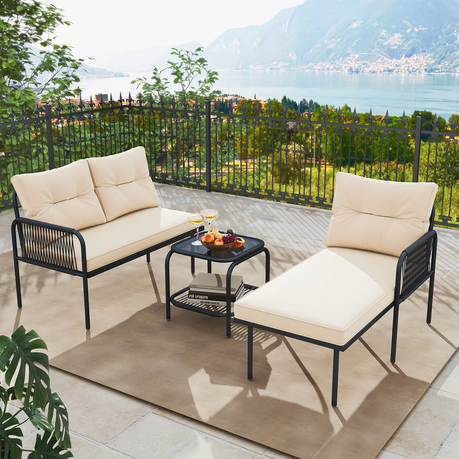 3-Piece L-Shaped Patio Furniture Set, PE Rattan Sectional Sofas, Beige - Image 3
