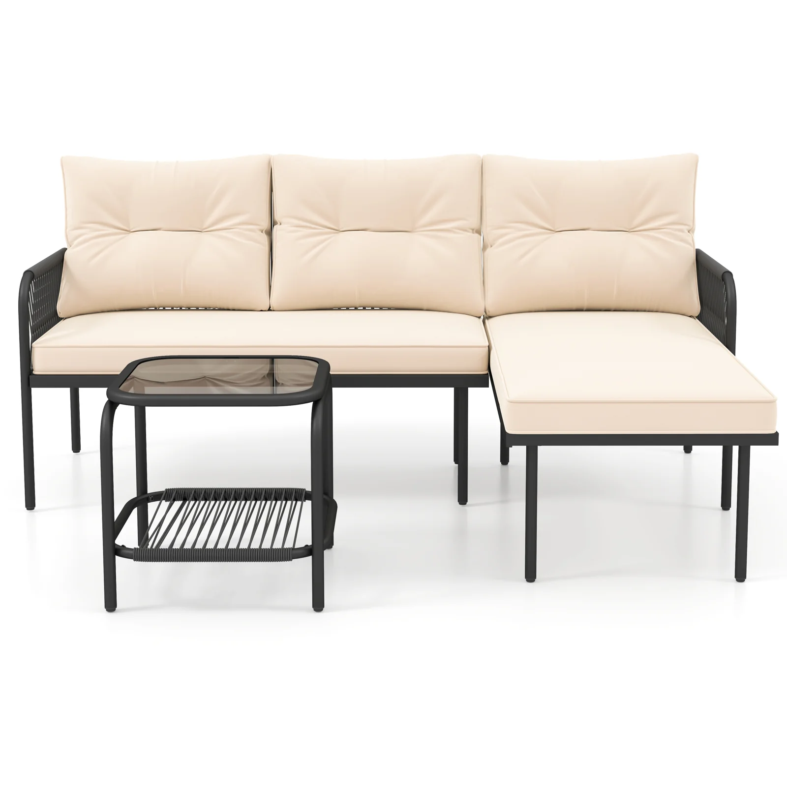 3-Piece L-Shaped Patio Furniture Set, PE Rattan Sectional Sofas, Beige - Image 5