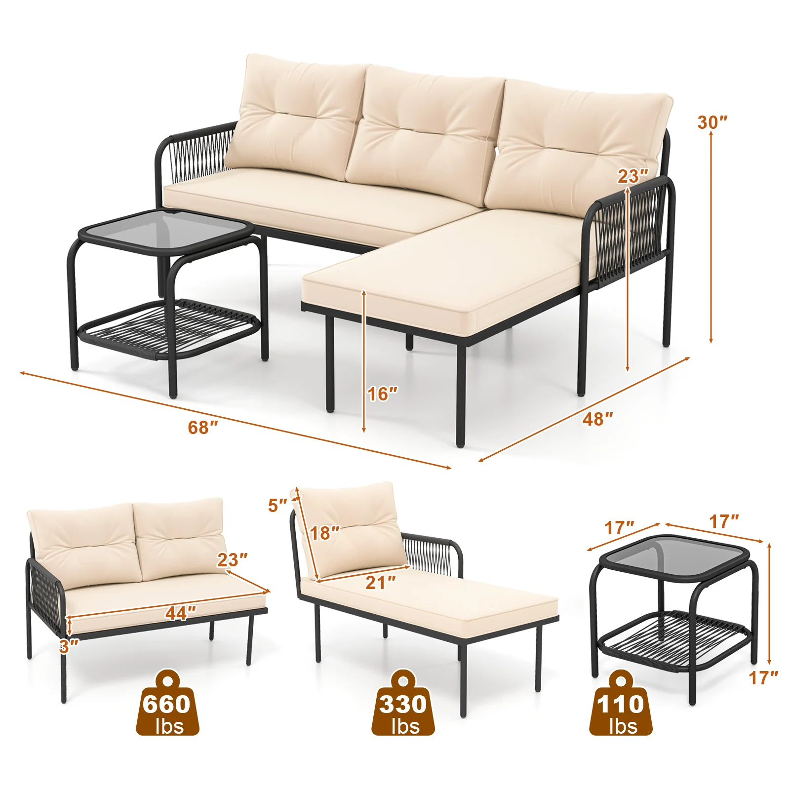 3-Piece L-Shaped Patio Furniture Set, PE Rattan Sectional Sofas, Beige - Image 6