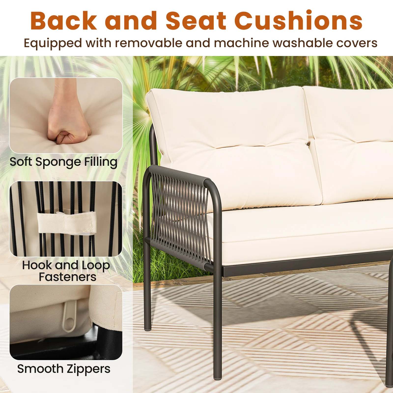 3-Piece L-Shaped Patio Furniture Set, PE Rattan Sectional Sofas, Beige - Image 7