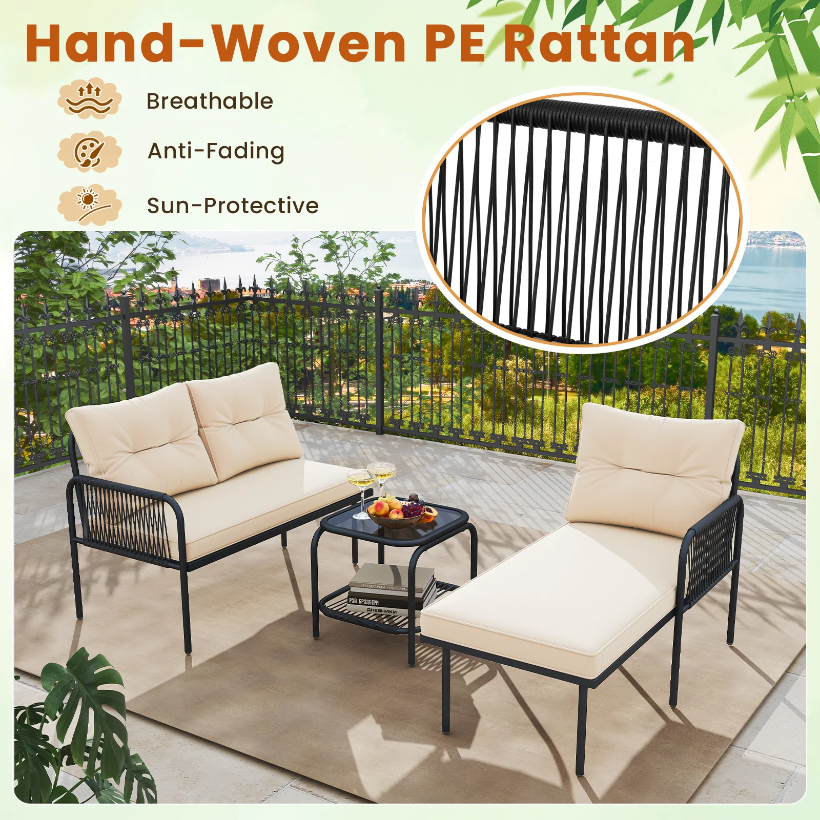 3-Piece L-Shaped Patio Furniture Set, PE Rattan Sectional Sofas, Beige - Image 8
