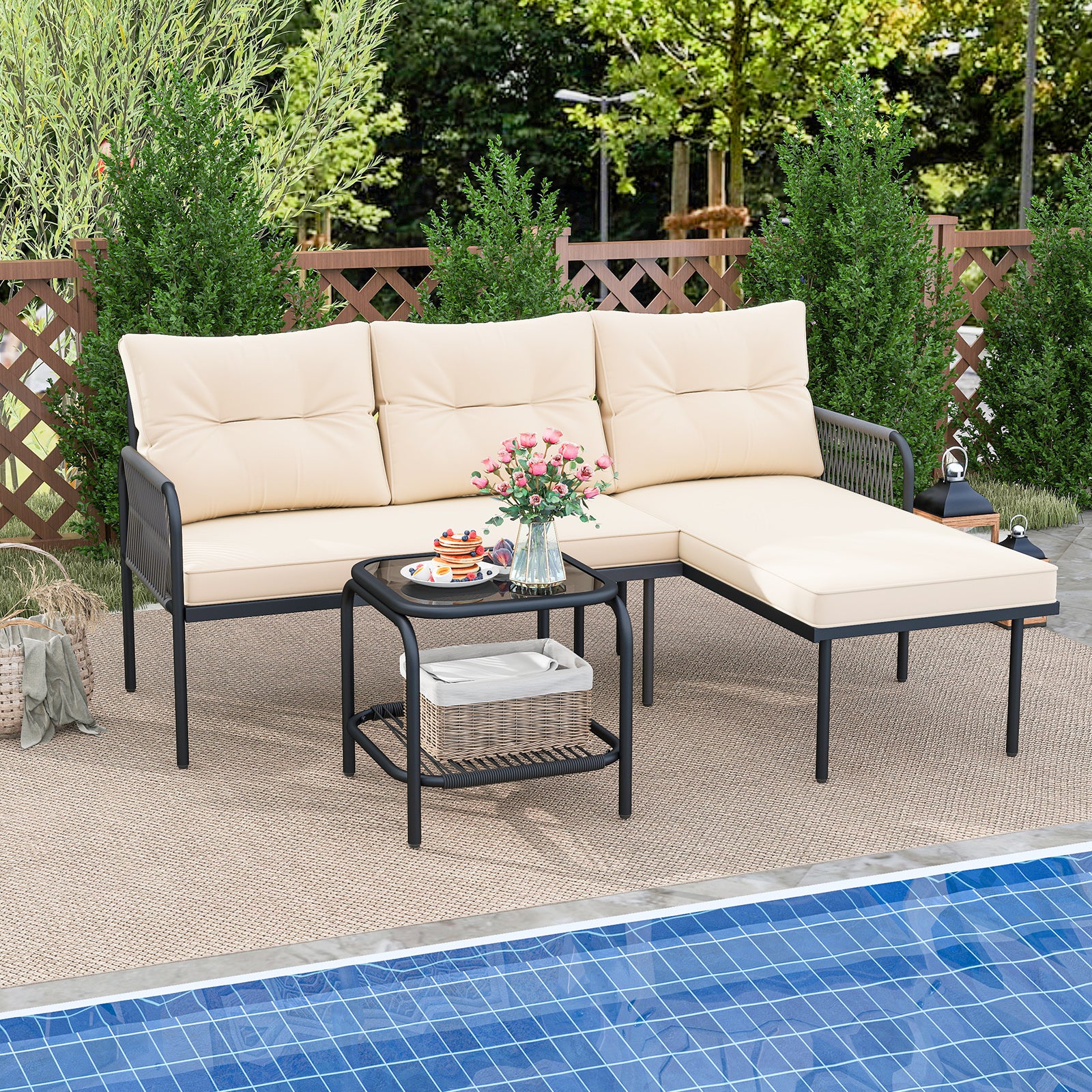 3-Piece L-Shaped Patio Furniture Set, PE Rattan Sectional Sofas, Beige - Image 9