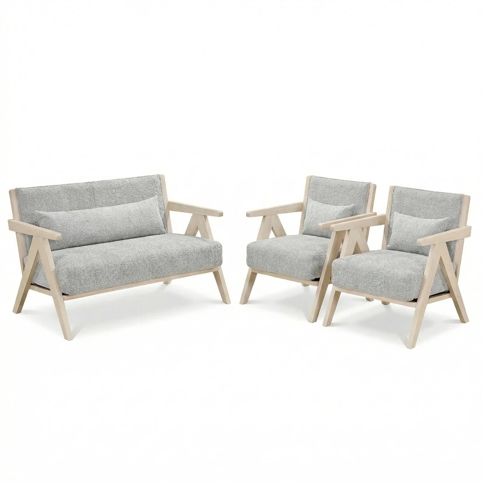 3-Piece Living Room Set, Rubber Wood Frame, Gray