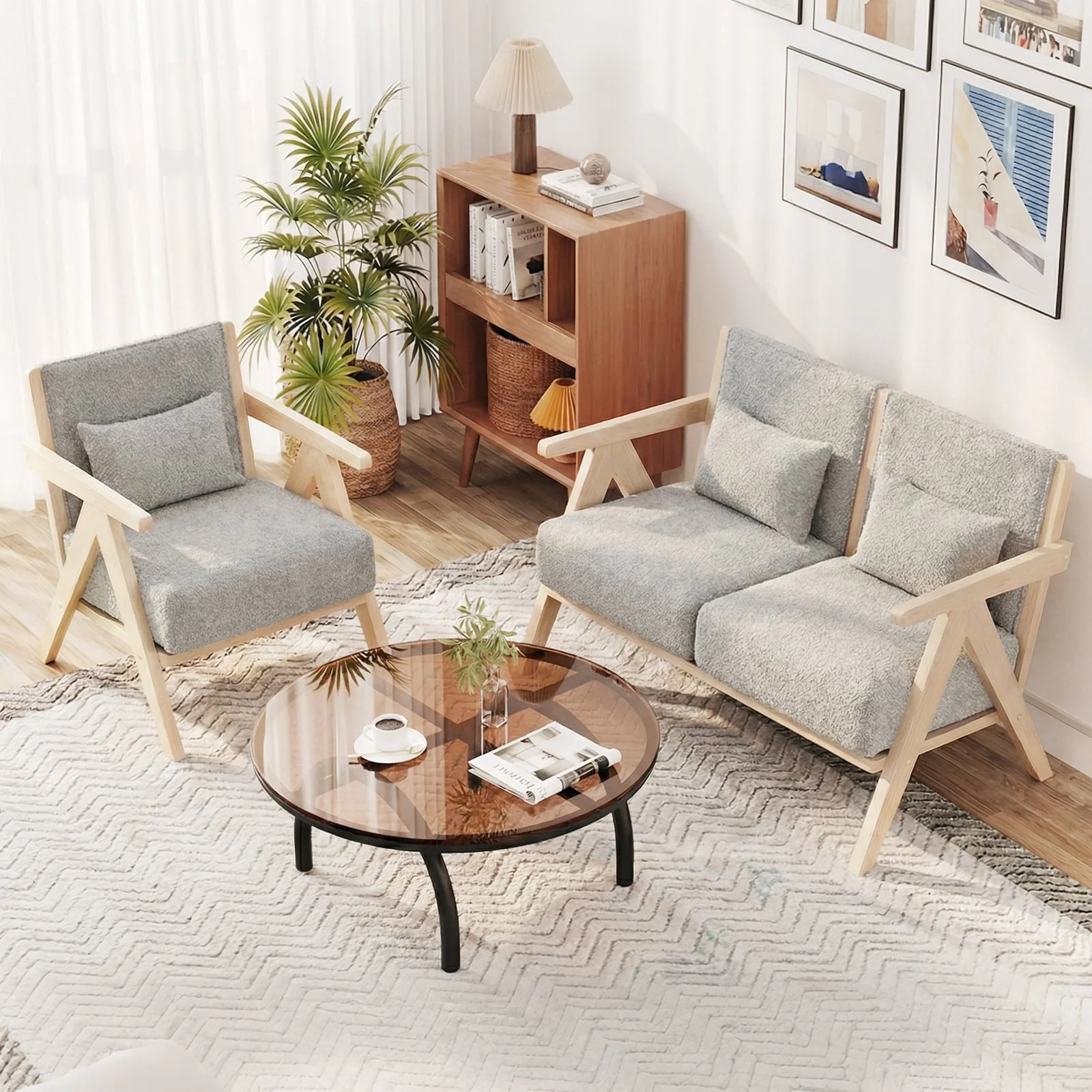 3-Piece Living Room Set, Rubber Wood Frame, Gray - Image 3