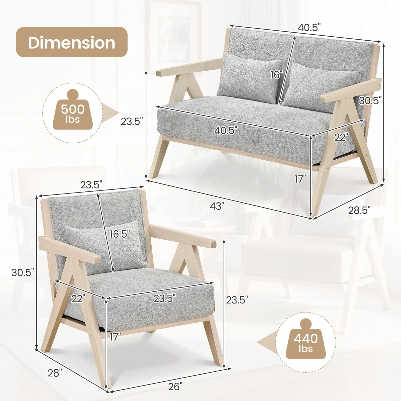 3-Piece Living Room Set, Rubber Wood Frame, Gray - Image 4