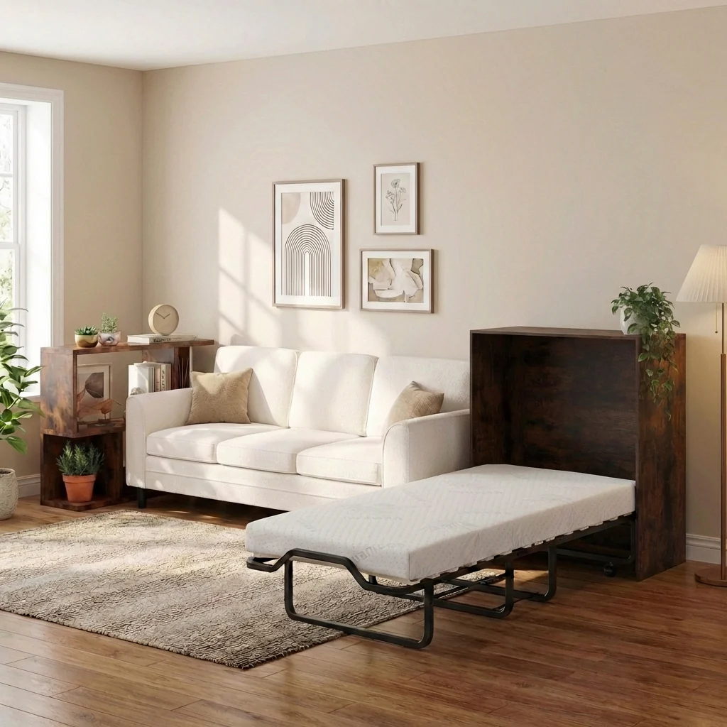 3-Piece Living Room Set, Teddy Sofa, Bookshelf, Foldable Murphy Bed - Image 2