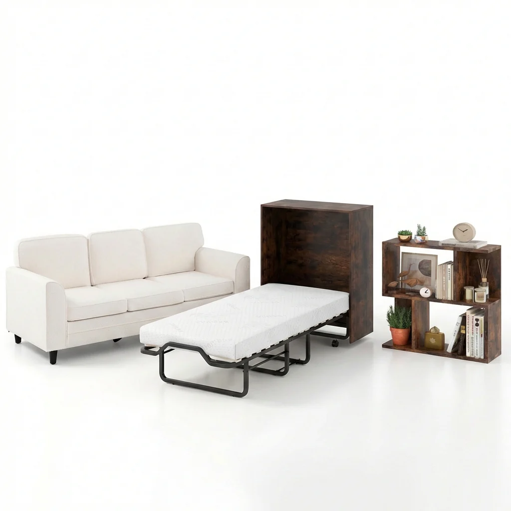 3-Piece Living Room Set, Teddy Sofa, Bookshelf, Foldable Murphy Bed - Image 3