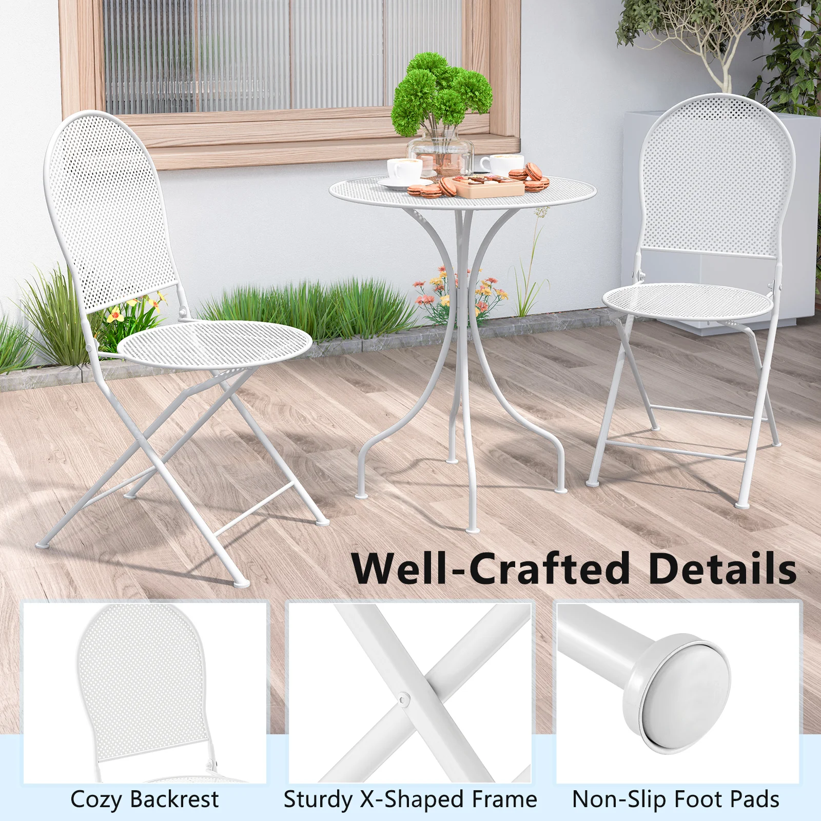 3 Piece Metal Bistro Table And 2 Folding Chairs Set, White - Image 10