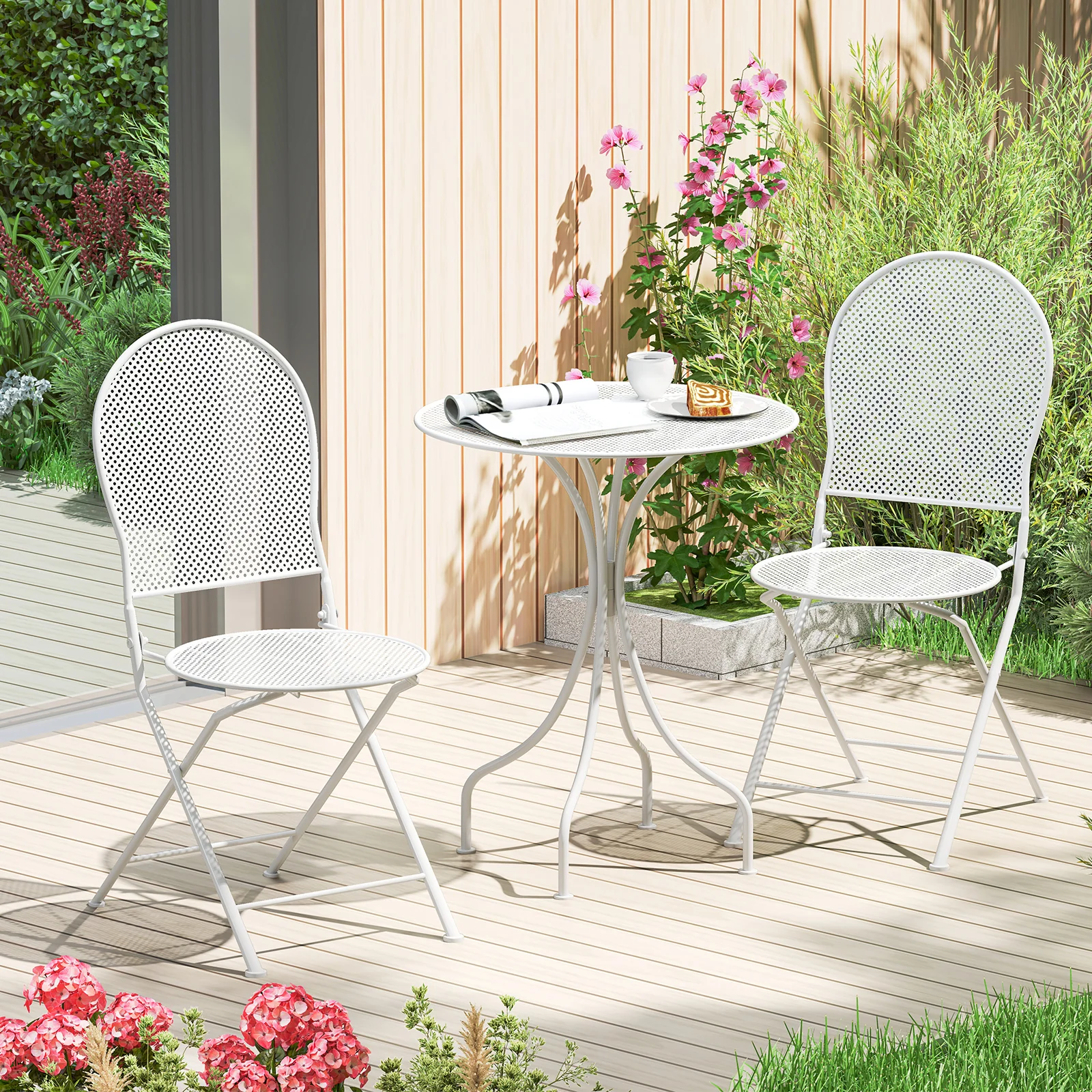 3 Piece Metal Bistro Table And 2 Folding Chairs Set, White - Image 2