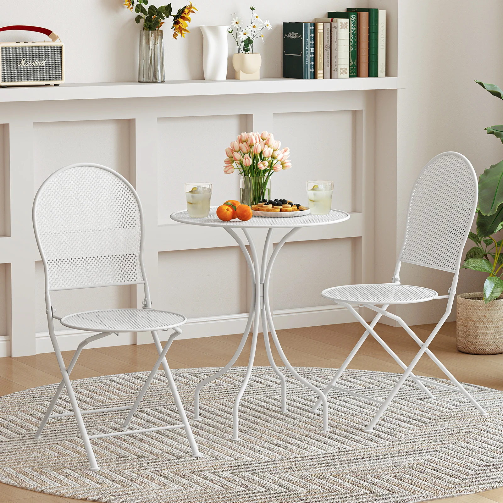 3 Piece Metal Bistro Table And 2 Folding Chairs Set, White - Image 3