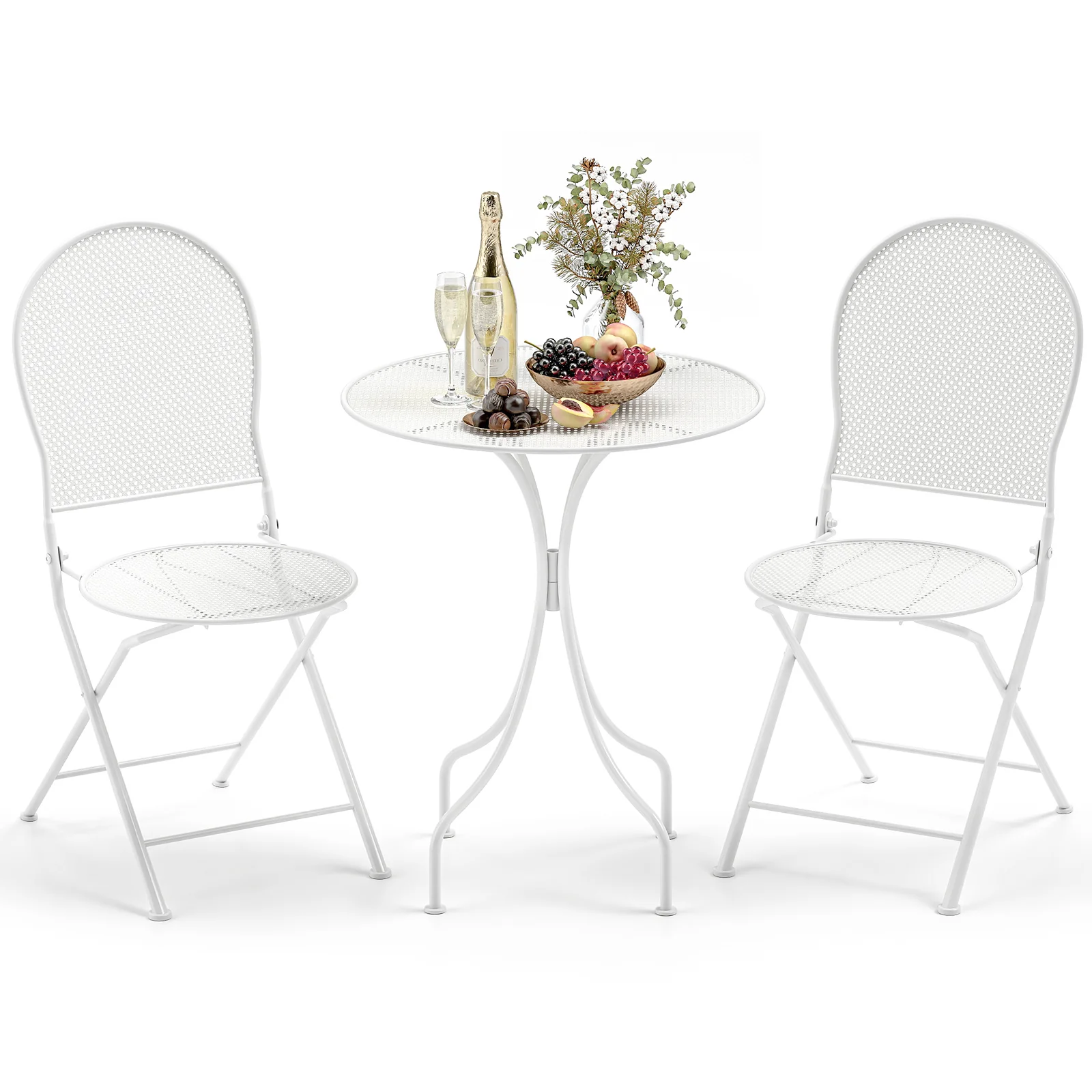3 Piece Metal Bistro Table And 2 Folding Chairs Set, White - Image 5