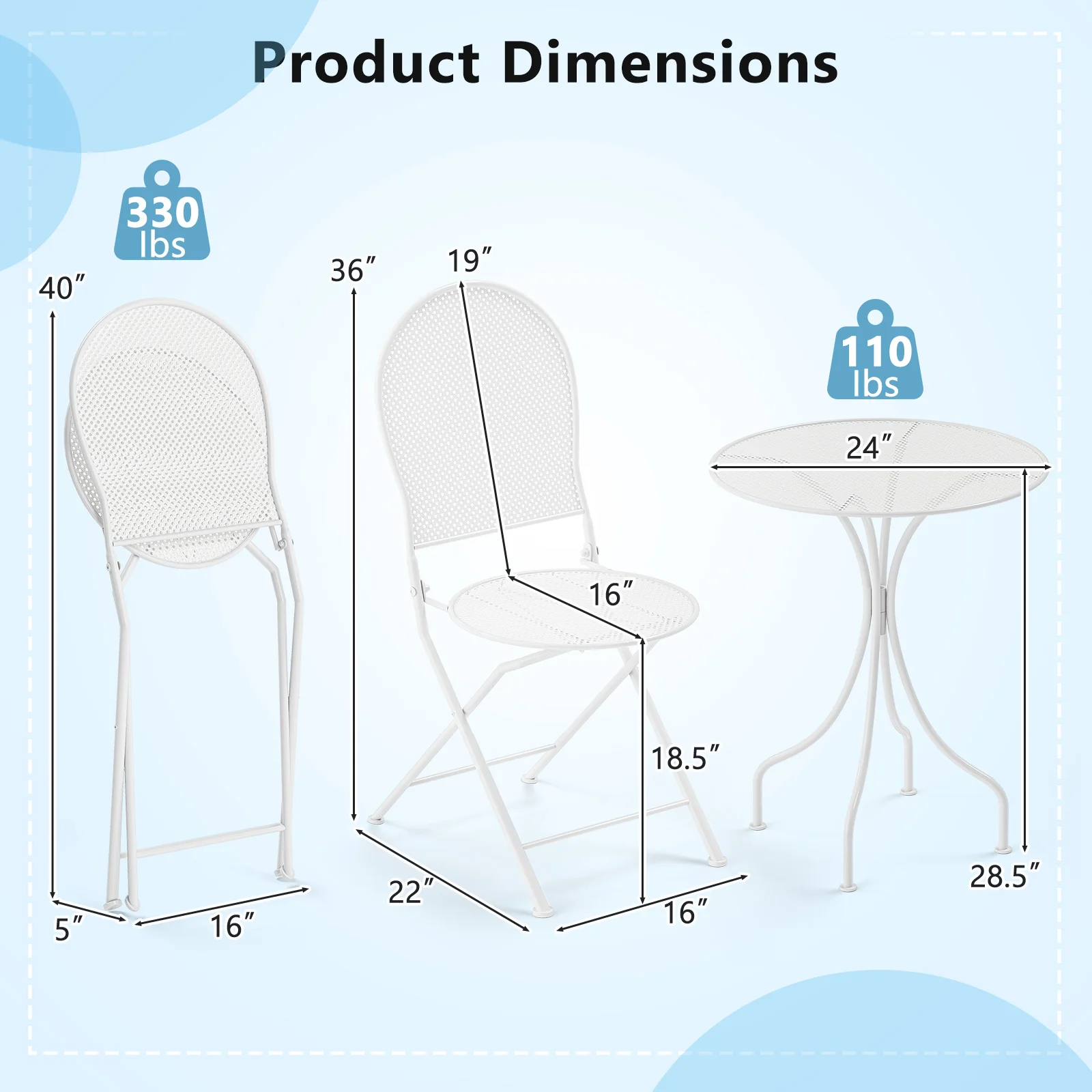3 Piece Metal Bistro Table And 2 Folding Chairs Set, White - Image 6