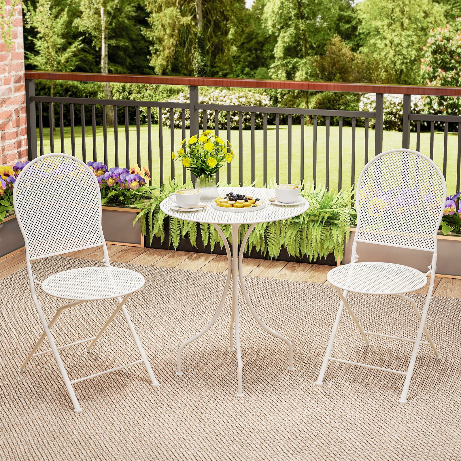 3 Piece Metal Bistro Table And 2 Folding Chairs Set, White - Image 7