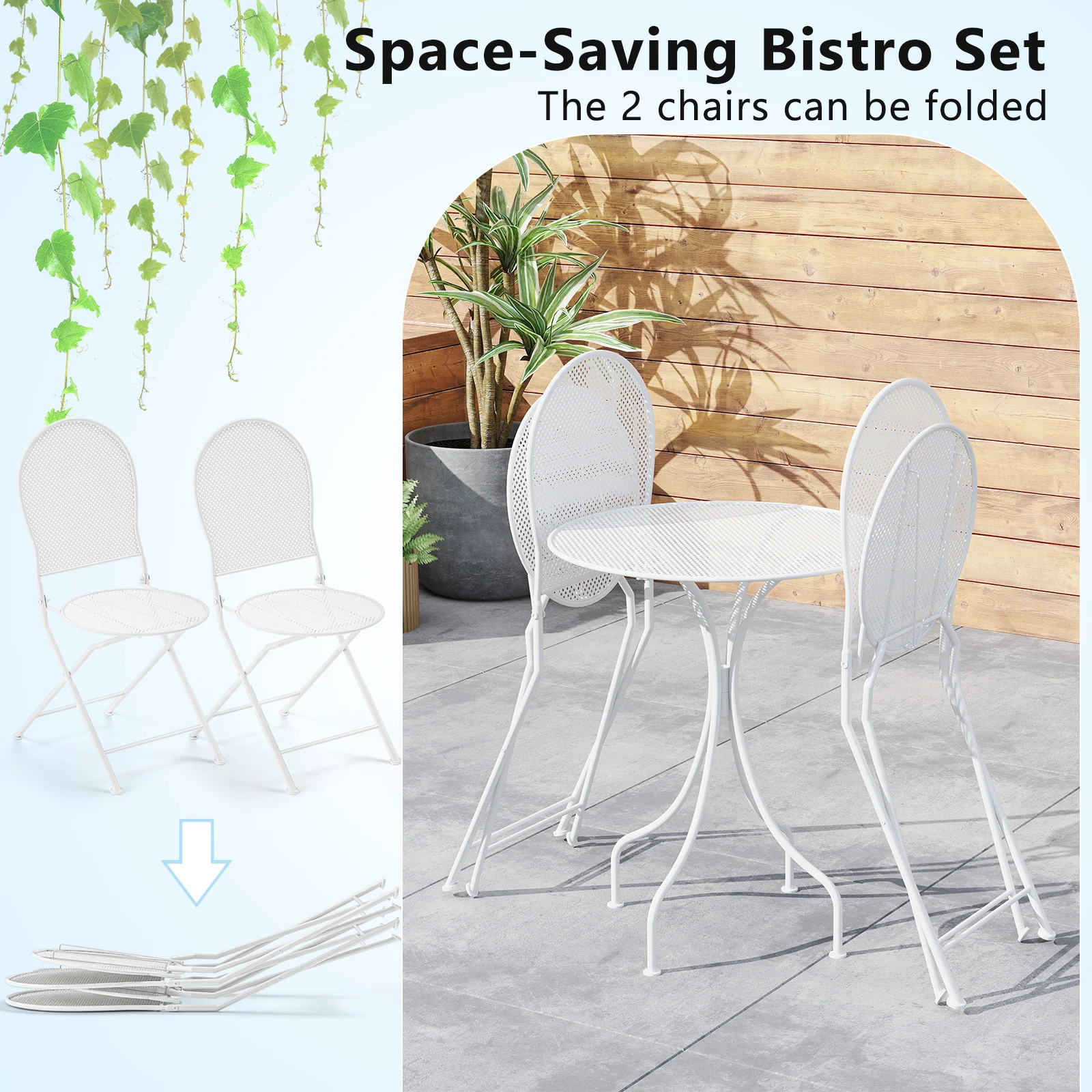 3 Piece Metal Bistro Table And 2 Folding Chairs Set, White - Image 8
