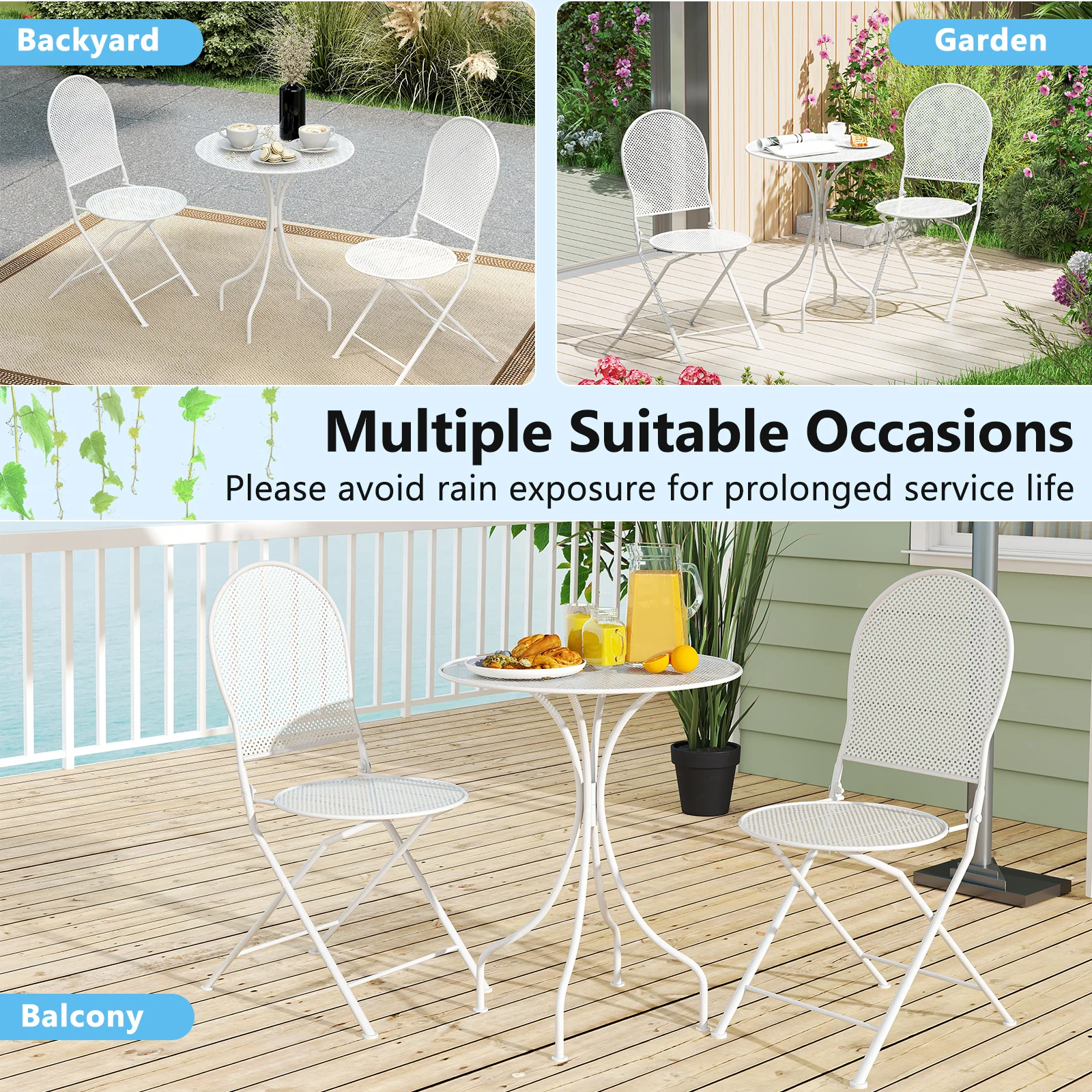 3 Piece Metal Bistro Table And 2 Folding Chairs Set, White - Image 9