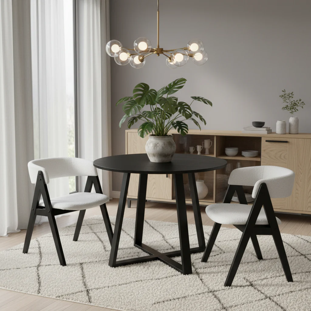3-Piece Mid-Century Dining Set with 36” Round Pedestal Table and 2 Sherpa Upholstered Chairs - Image 2