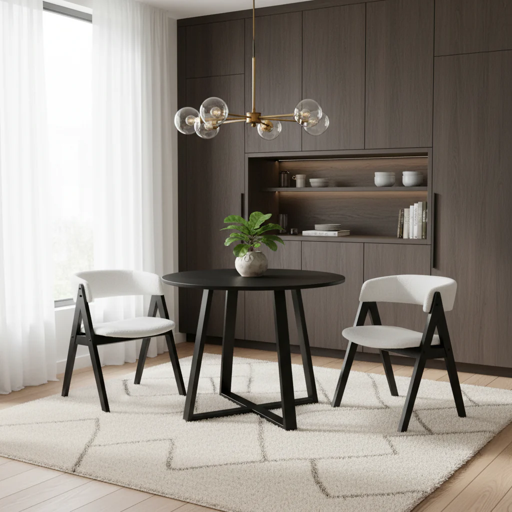 3-Piece Mid-Century Dining Set with 36” Round Pedestal Table and 2 Sherpa Upholstered Chairs - Image 3