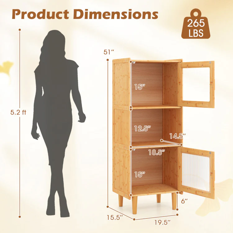 3-Piece Modern Dining Room Set: Wooden Dining Chairs + Bamboo Sideboard Cabinet + Tall Storage Cabinet, Natural - Image 10