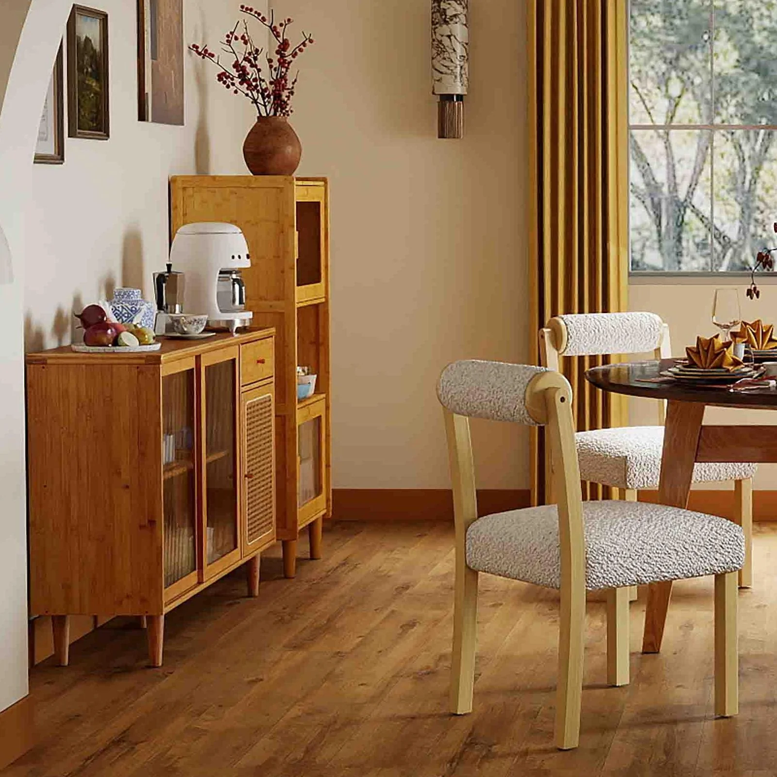 3-Piece Modern Dining Room Set: Wooden Dining Chairs + Bamboo Sideboard Cabinet + Tall Storage Cabinet, Natural - Image 2