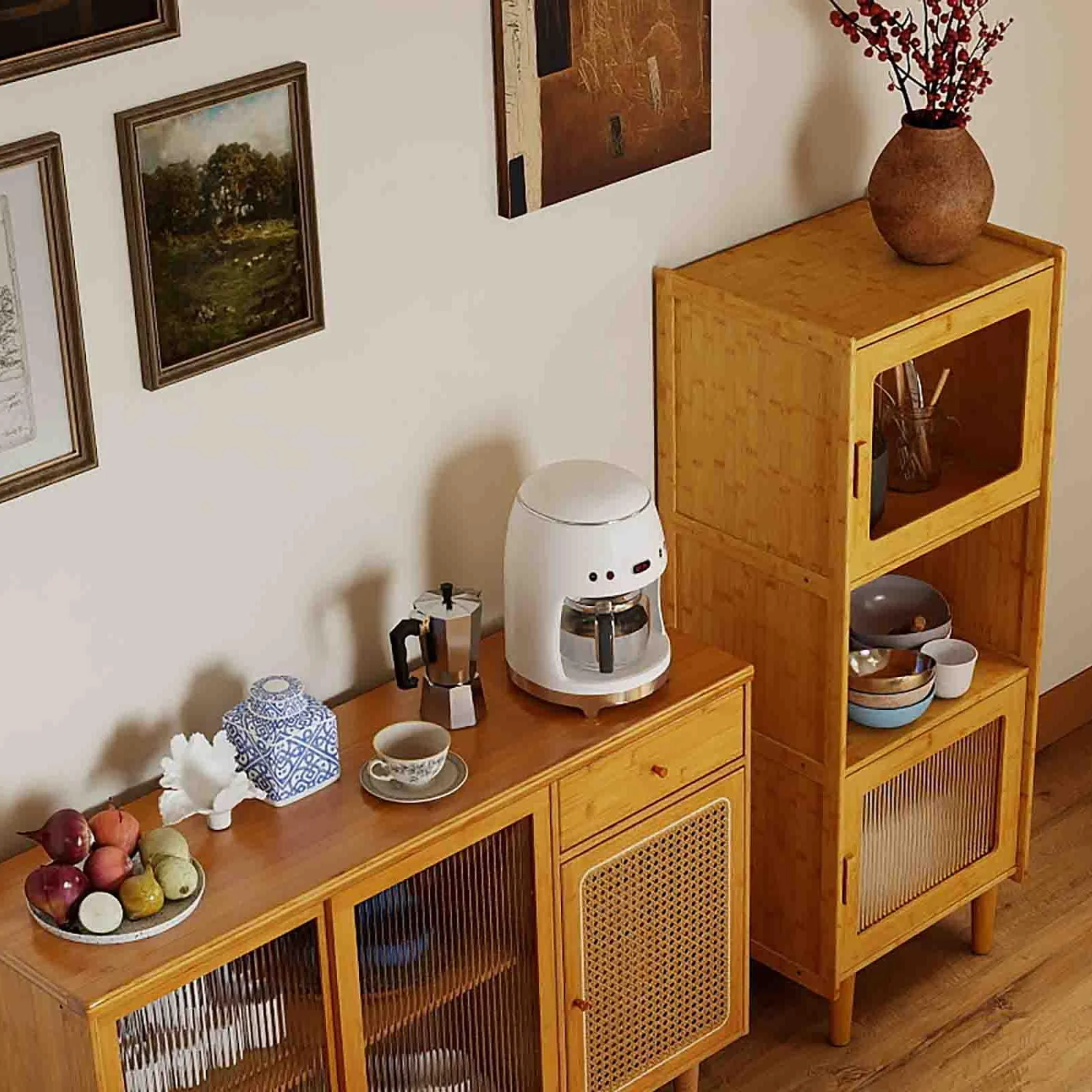 3-Piece Modern Dining Room Set: Wooden Dining Chairs + Bamboo Sideboard Cabinet + Tall Storage Cabinet, Natural - Image 3